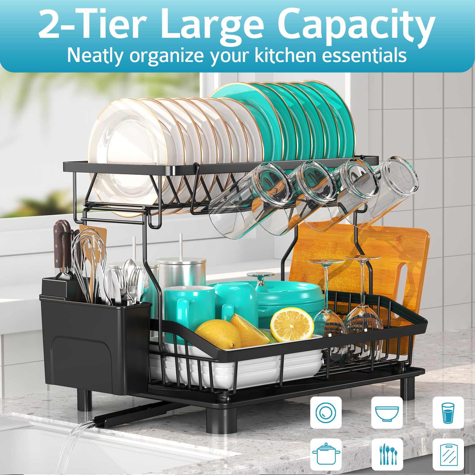 Ricobes Dish Drying Rack - 2 Tier Large Capacity Dish Rack- Dish Racks For Kitchen Counter With Drainboard, Rustproof Dish Drain