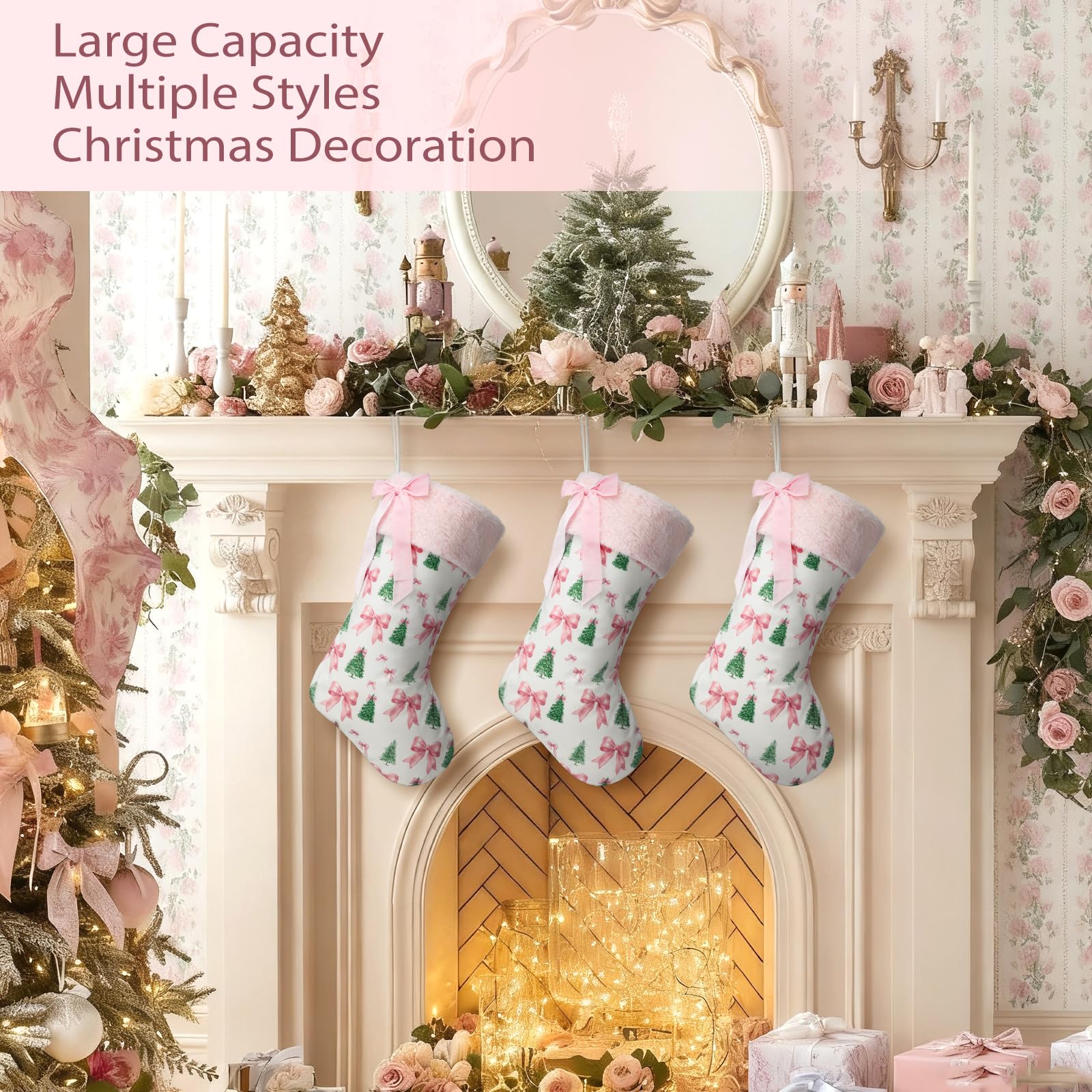 Realspring Christmas Tree Bow Pattern Xmas Stocking 18 Inches Canvas with Pink Faux Fur Babys First Xmas Stocking Gifts Firepla