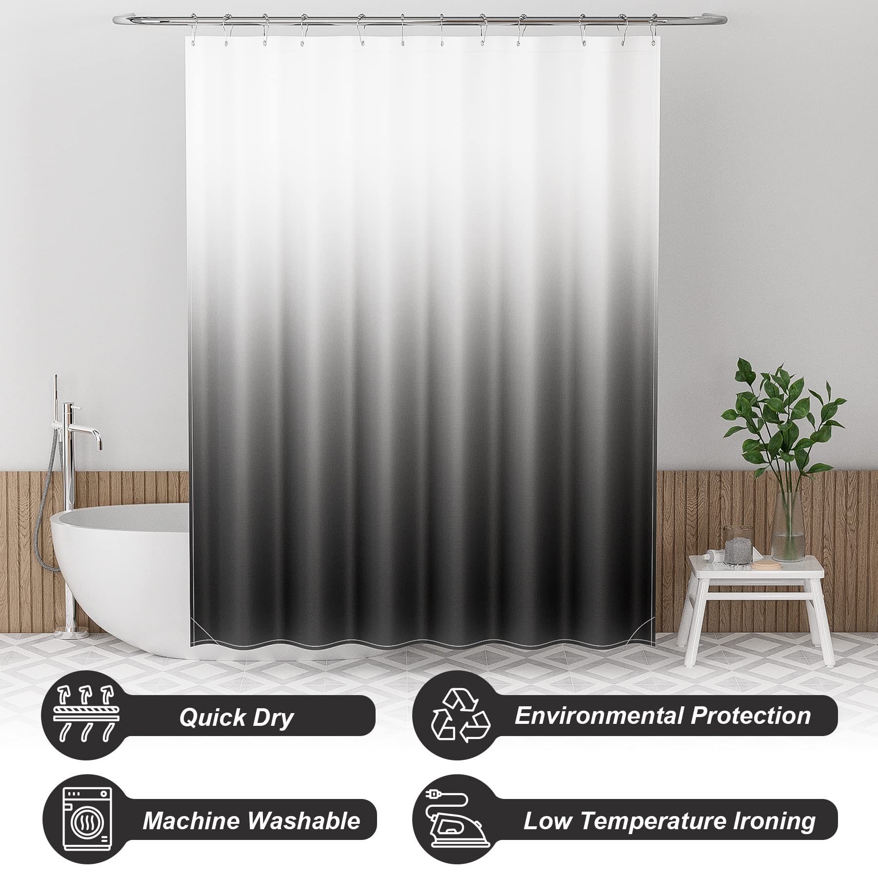 Amazerbath Shower Curtain, Ombre Black Fabric Shower Curtain Set With 12 Shower Curtain Hooks, Farmhouse Cloth Black And White S