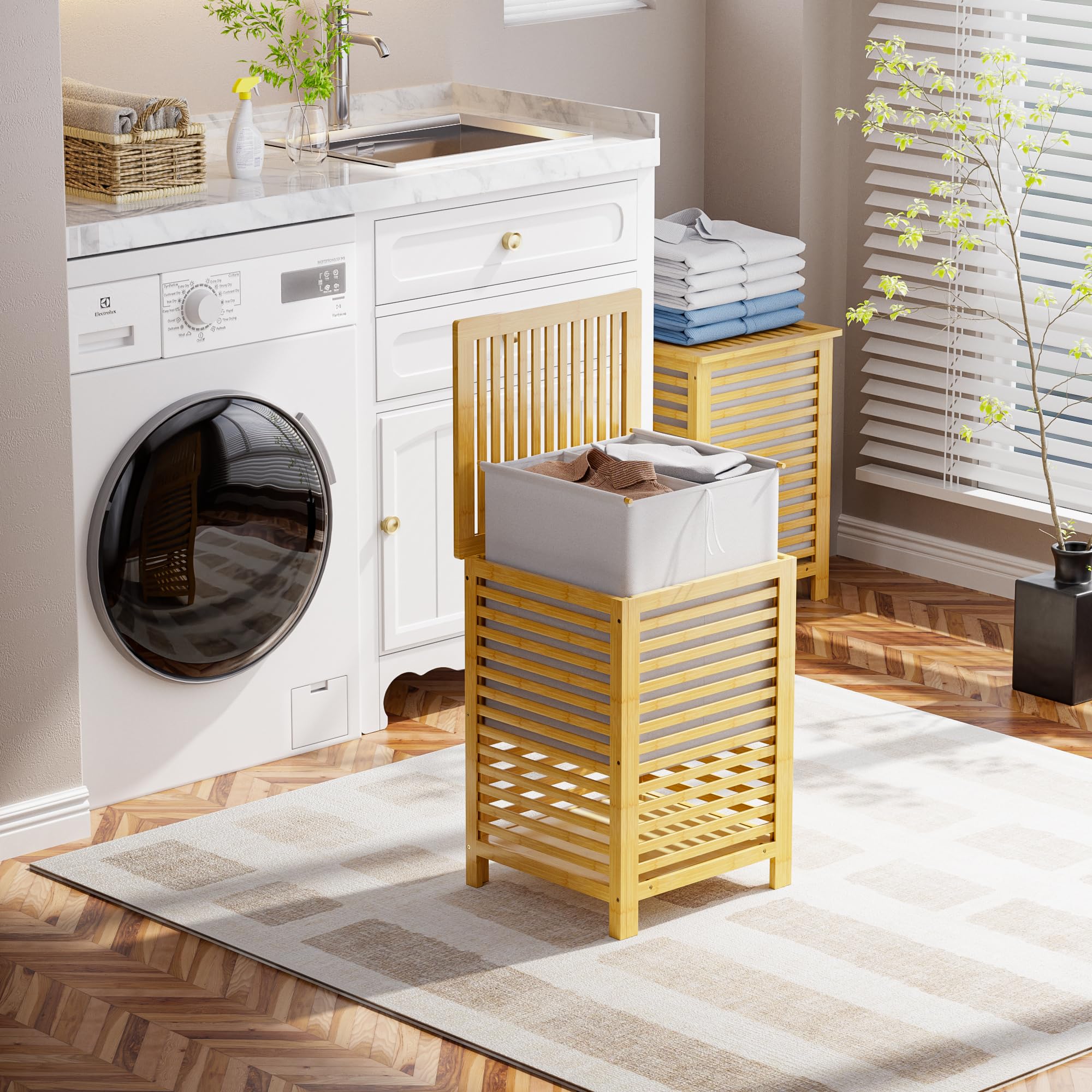 Smibuy Double Laundry Hamper With Lid, 120L Bamboo Laundry Basket With Removable Liner Bag, 2-Section Clothes Divider Laundry So