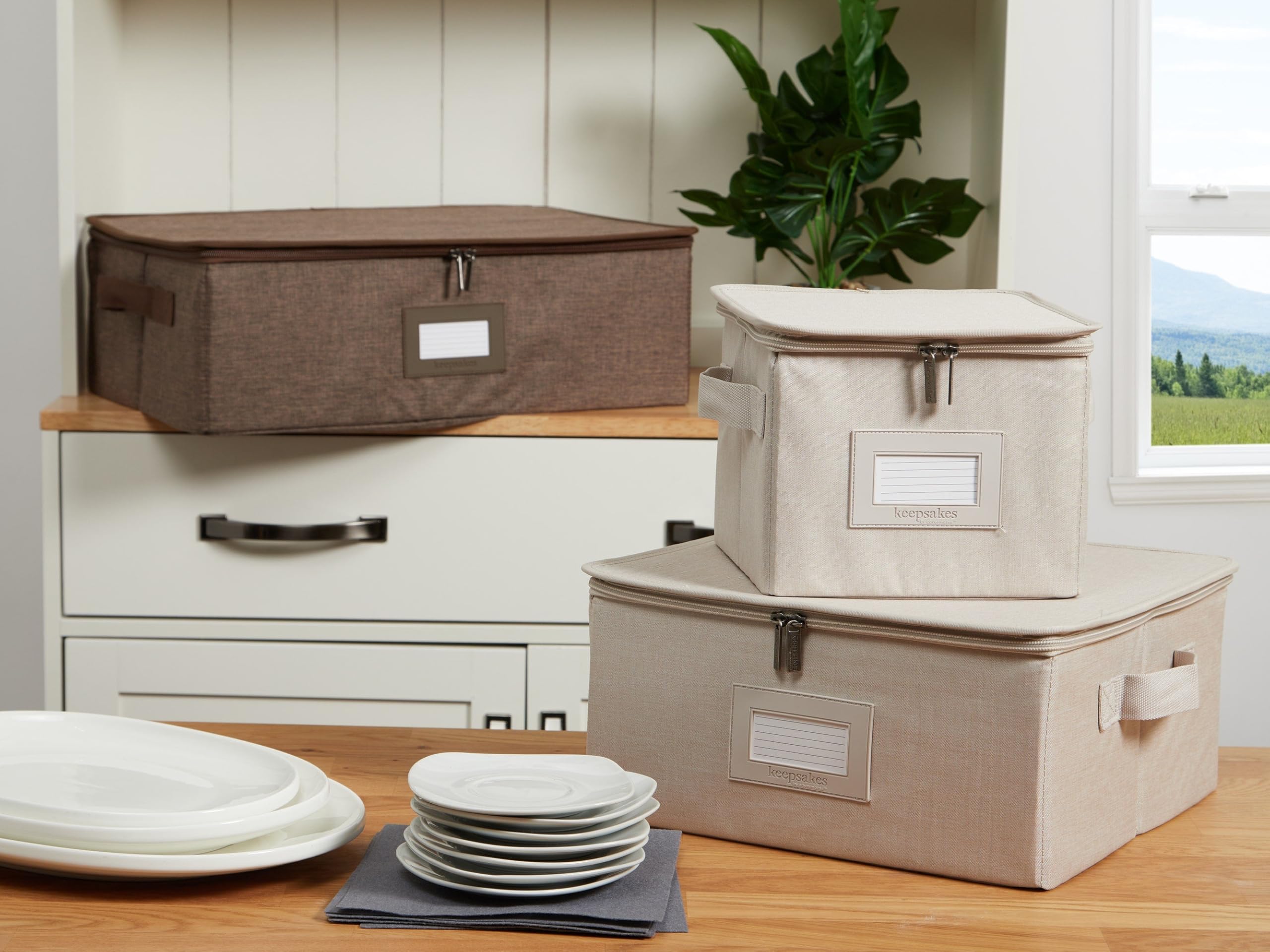 Covermates Keepsakes Dish Storage Box - Stackable, Reinforced Handles, China Storage-Beige Heather