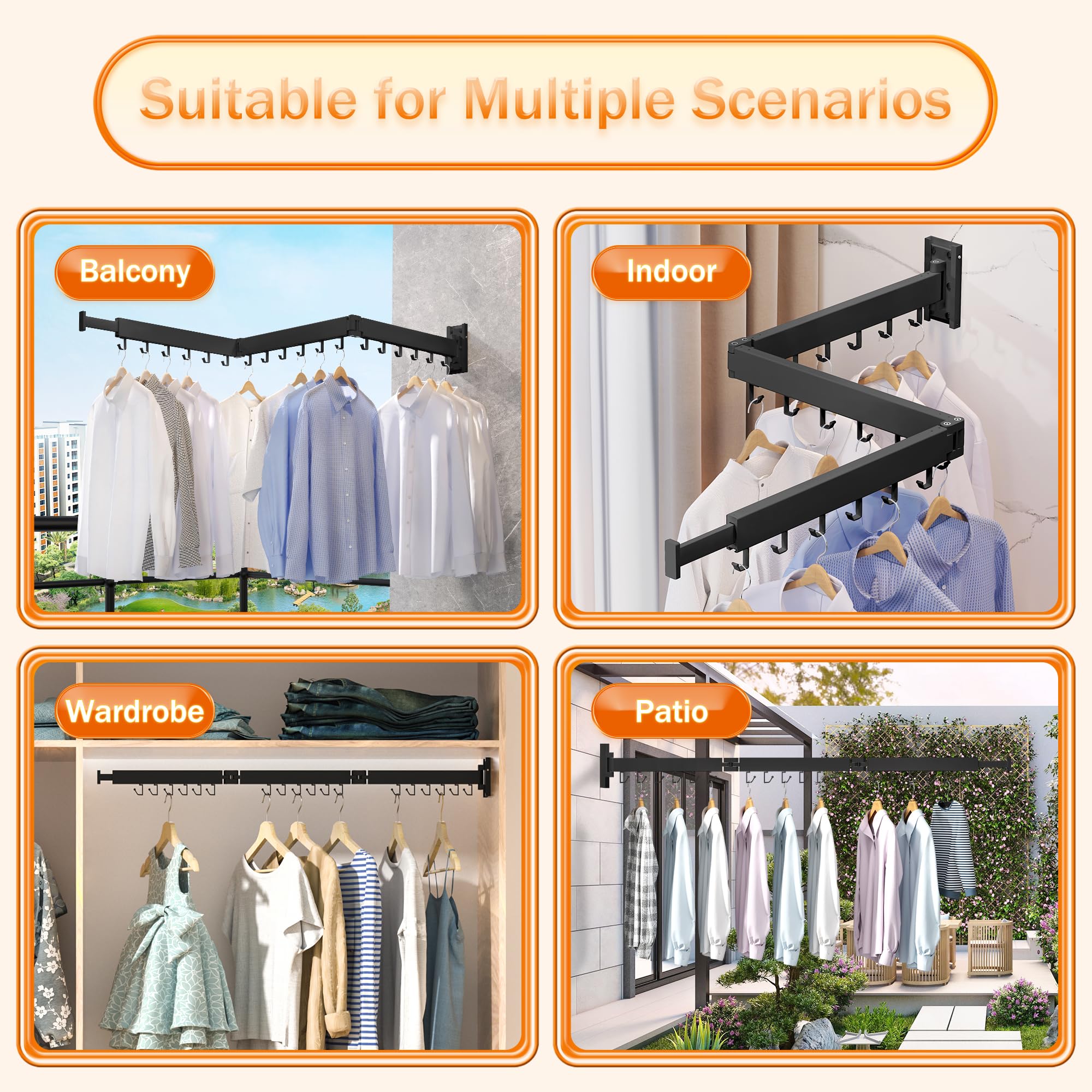 HEILAIYI Clothes Drying Rack for Laundry Wall Mounted Clothes Hanger Rack Folding Retractable Collapsible(J Shape Hooks)