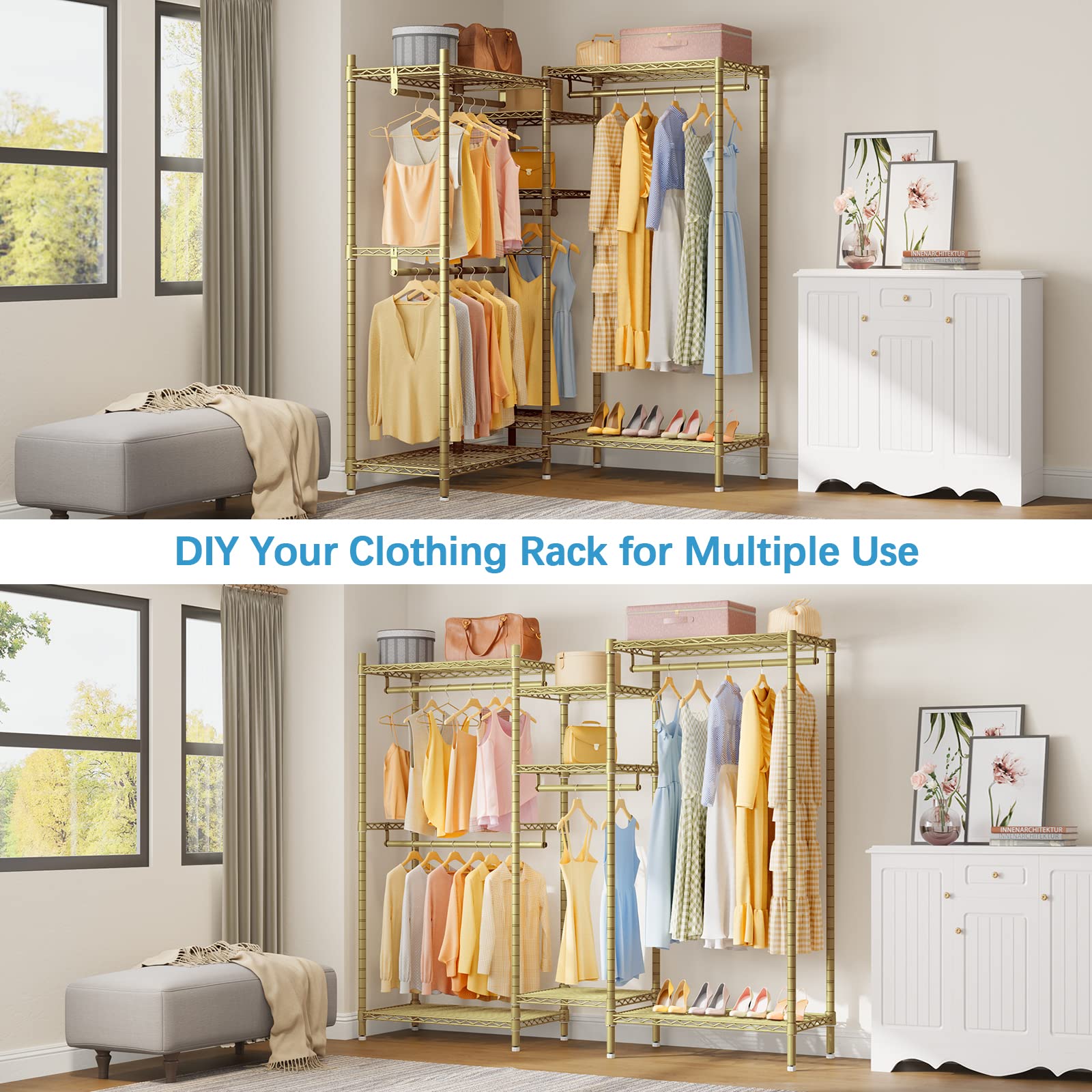 Vipek L6 L Shaped Clothes Rack Heavy Duty Clothing Rack For Corner, 5-Tier Wire Garment Rack Metal Freestanding Closet With Adju