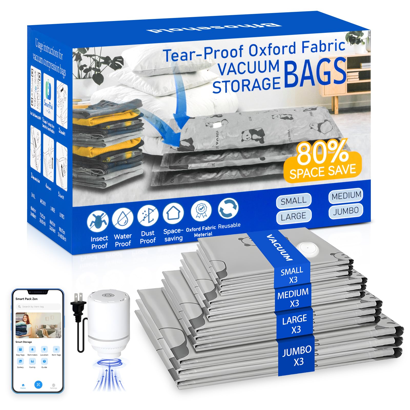Bfhosehold Heavy Duty Vacuum Storage Bags with Pump & Smart Storage App, Reusable Oxford Fabric Vacuum Seal Bags for Bedding, Cl