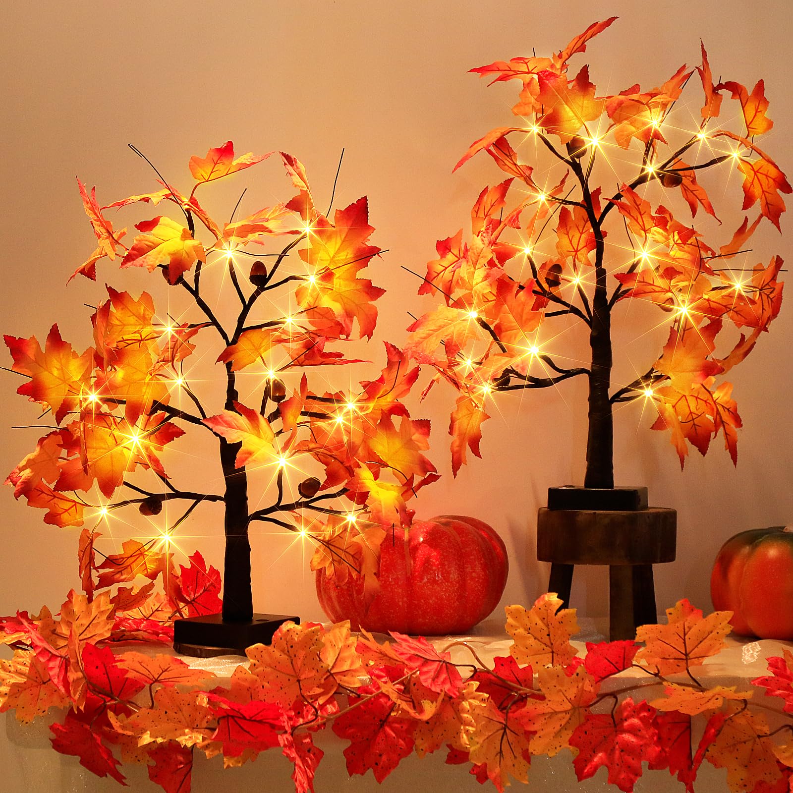 EAMBRITE Lighted Maple Tree Fall Decor, Fall Tree with Lights Thanksgiving Decorations,24 LED 2 Ft Artificial Tree USB/Battery O