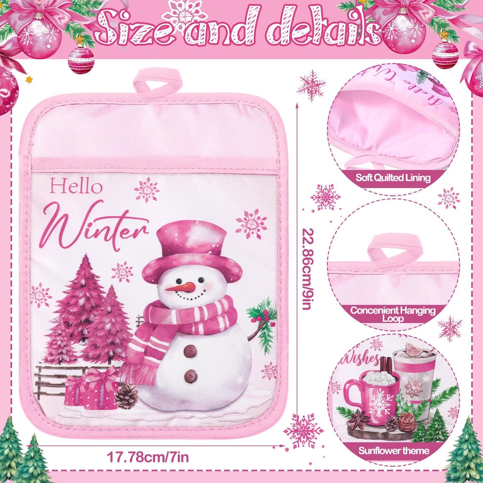Jingmore 12 Pcs Pink Christmas Pot Holders with Pocket Hello Winter Pot Holders Gift Bulk Snowman Gnome Heat Resistant Hot Pads