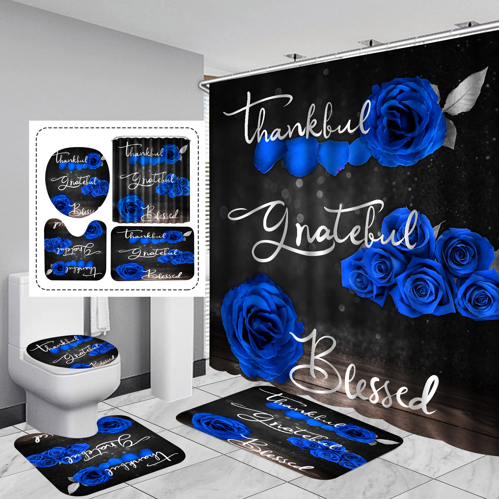 4Pcs Blue Rose Shower Curtain Set, Thankful Grateful Blessed Bathroom Curtain With Non-Slip Rug, Toilet Lid Cover, Bath Mat And 