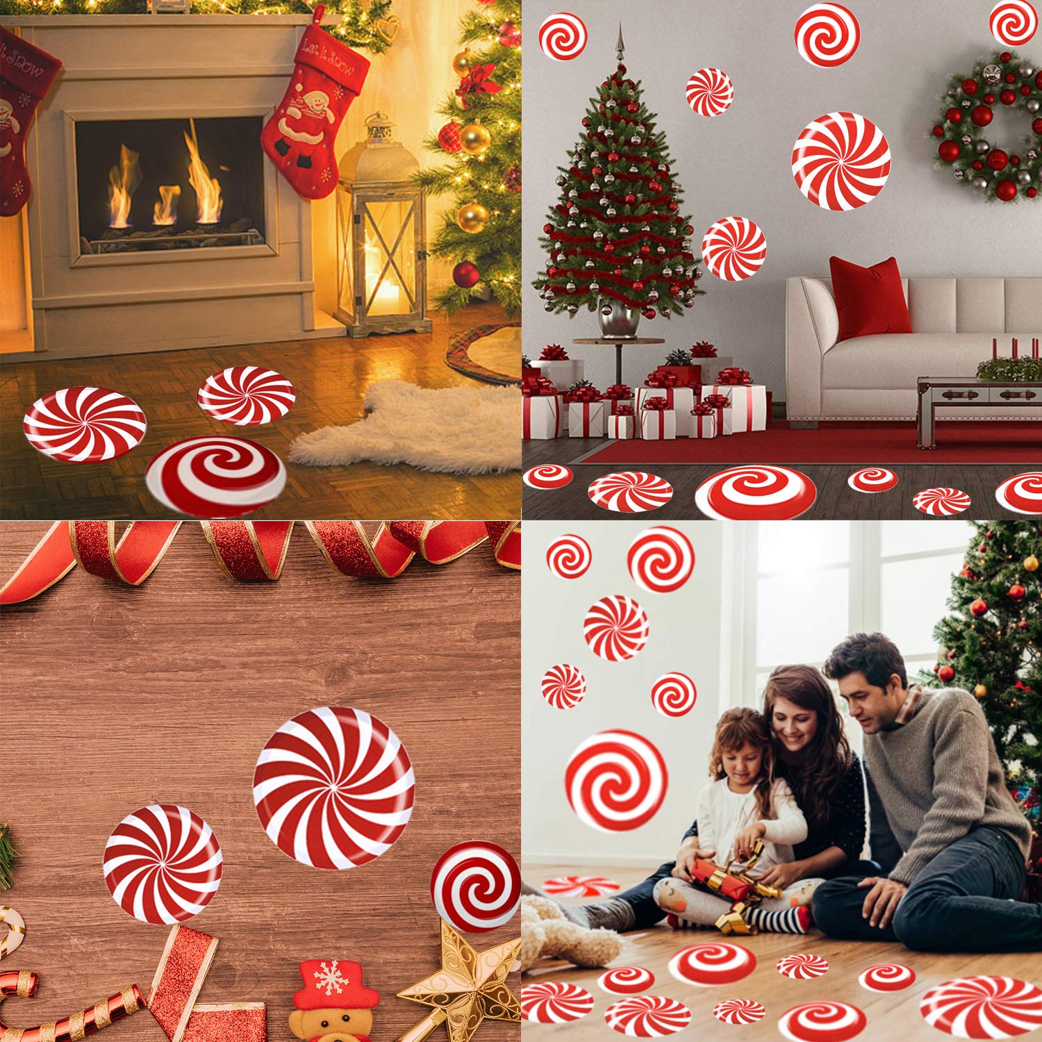 24 PCS Peppermint Floor Decals Stickers-3 Sizes Self-Adhesive Design Christmas Candy Stickers Floor Window Clings for Christmas Valentine's Day Candy Party Decorations