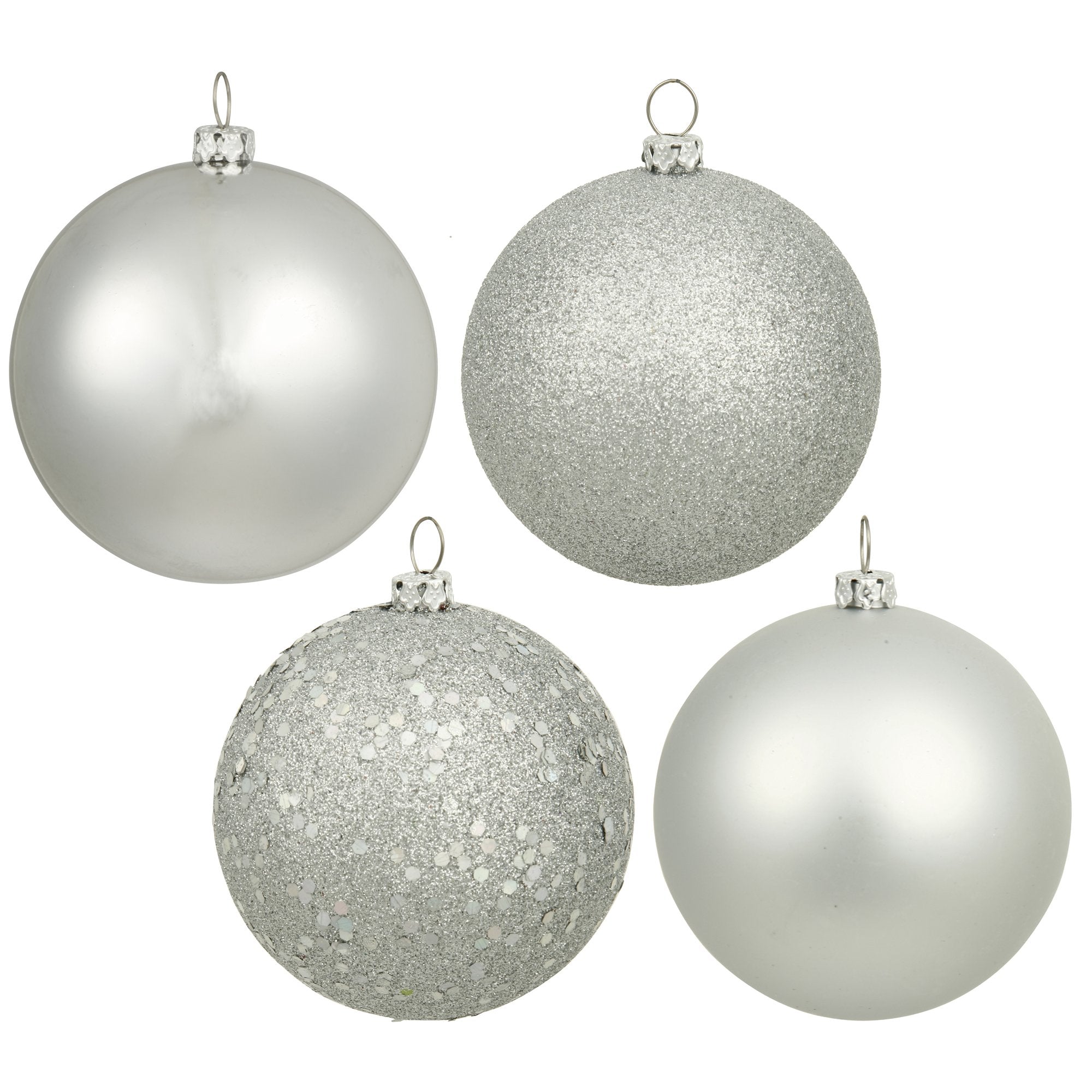 Vickerman 6 Silver 4-Finish Shatterproof Ball Ornament Set of 4 Ornaments - Featuring Matte, Sequin, Shiny and Glitter Finishes 
