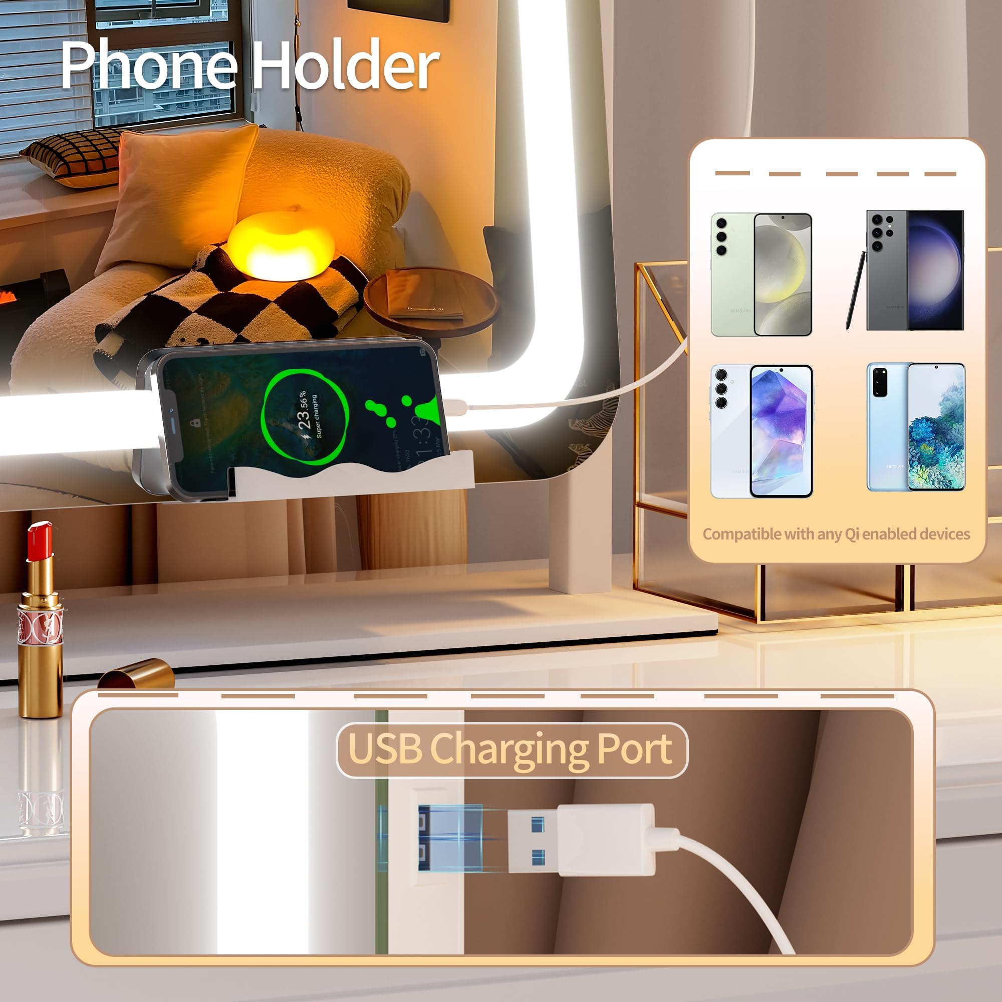 Hasipu Vanity Mirror With Lights, 34.3 X 25.2 Led Makeup Mirror, Light Up Mirror With 10X Magnification And Phone Holder, Usb Ch