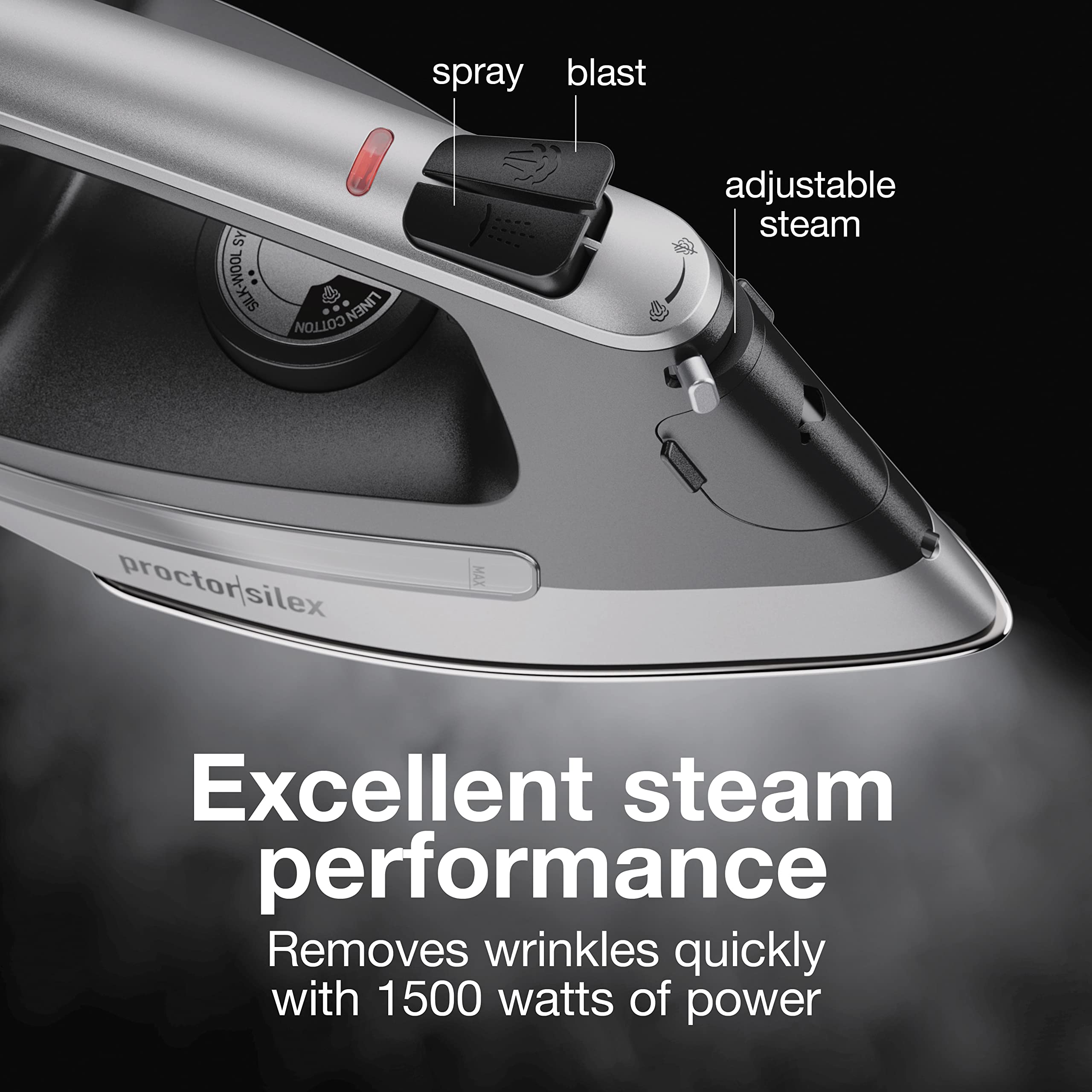 Proctor Silex Steam Iron For Clothes With Durable Stainless Steel Soleplate, 1500 Watts, 8 Retractable Cord, 3-Way Auto Shutoff,