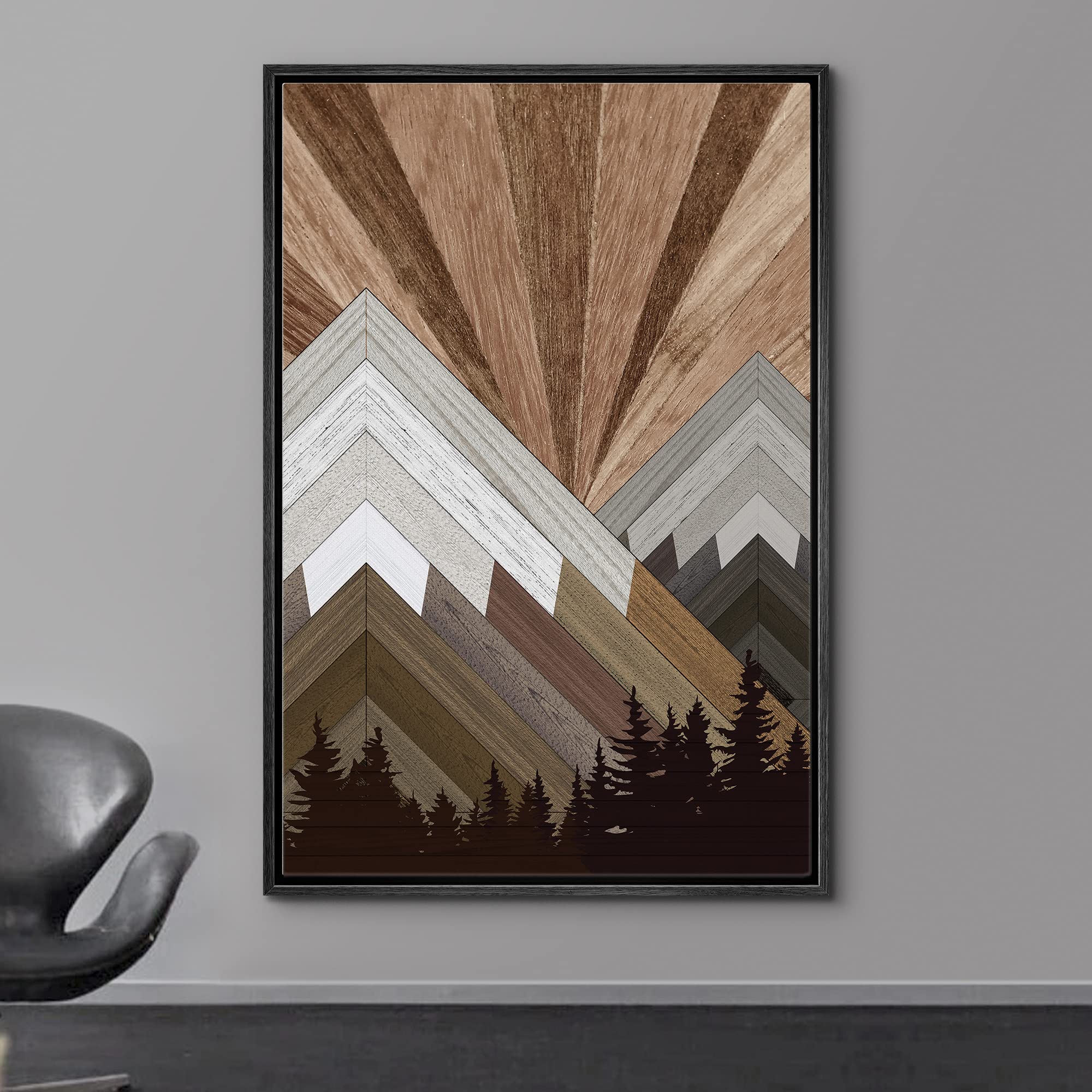Wall26 Framed Canvas Print Wall Art Western Decor Brown Wood Panel Snowy Mountain Forest Nature Shapes Digital Art Modern Art Ru