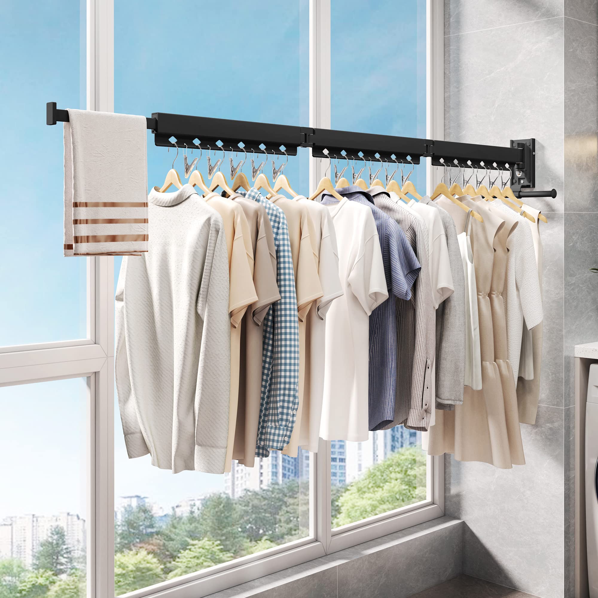 LIENAHU Wall Mounted Clothes Drying Rack - Retractable, Collapsible, Folding, Black, Model HEIJIA, Perfect for Laundry Room Organization