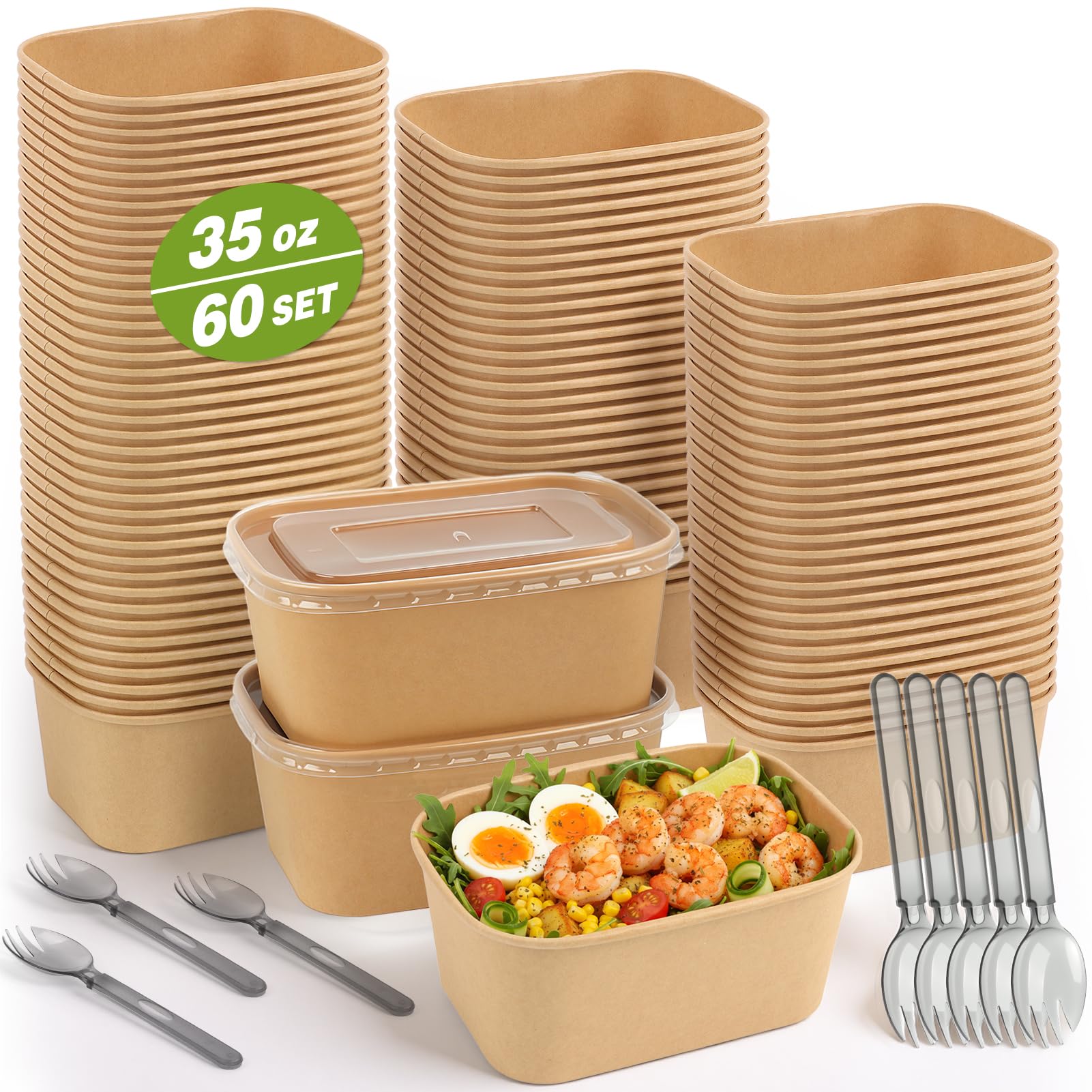 60 Packs 35oz Disposable Meal Prep Containers with Lids & Utensils