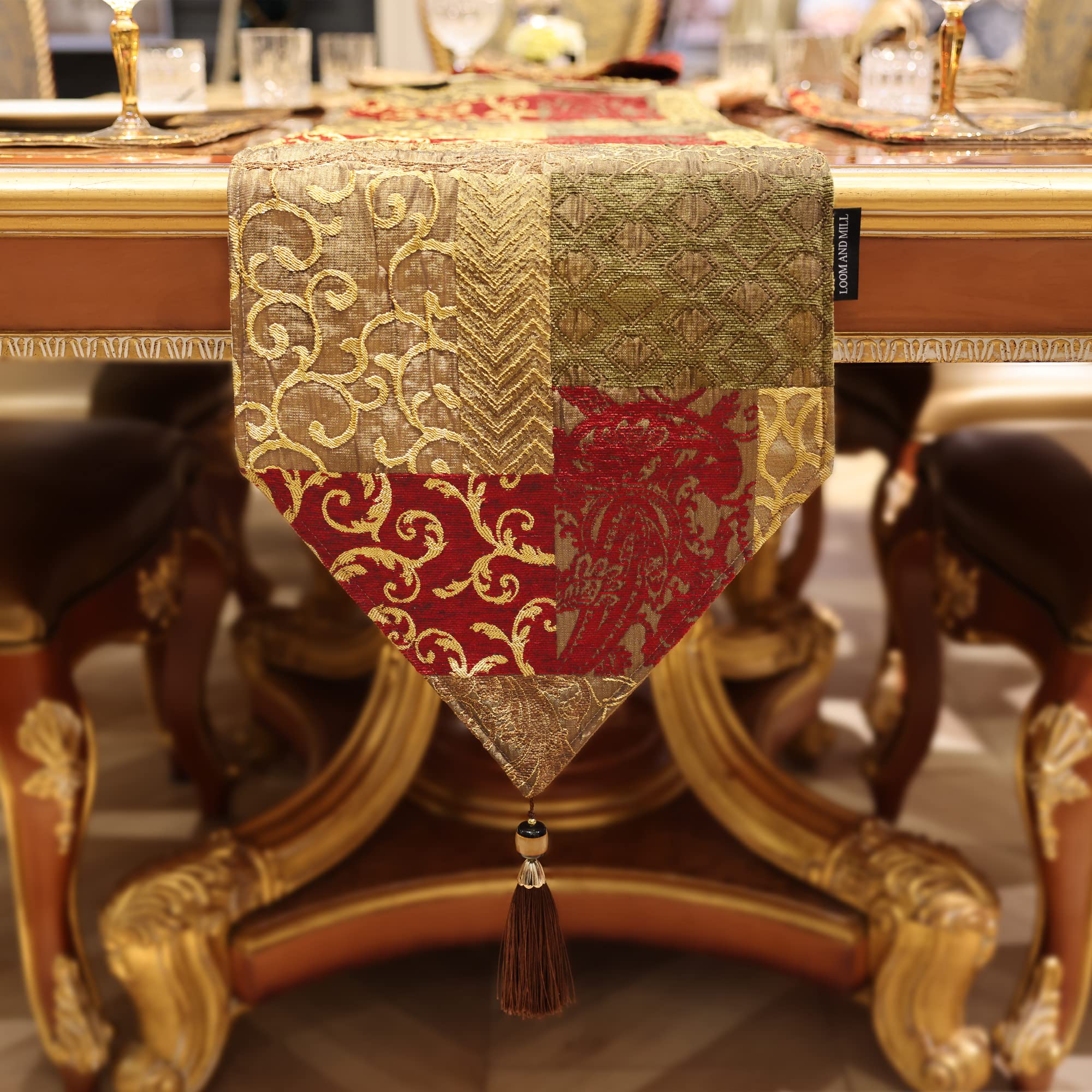 Loom And Mill Luxury Jacquard Table Runner 90 Inches Long, Patchwork Design Chenille Dining Table Runners With Tassels For Holid