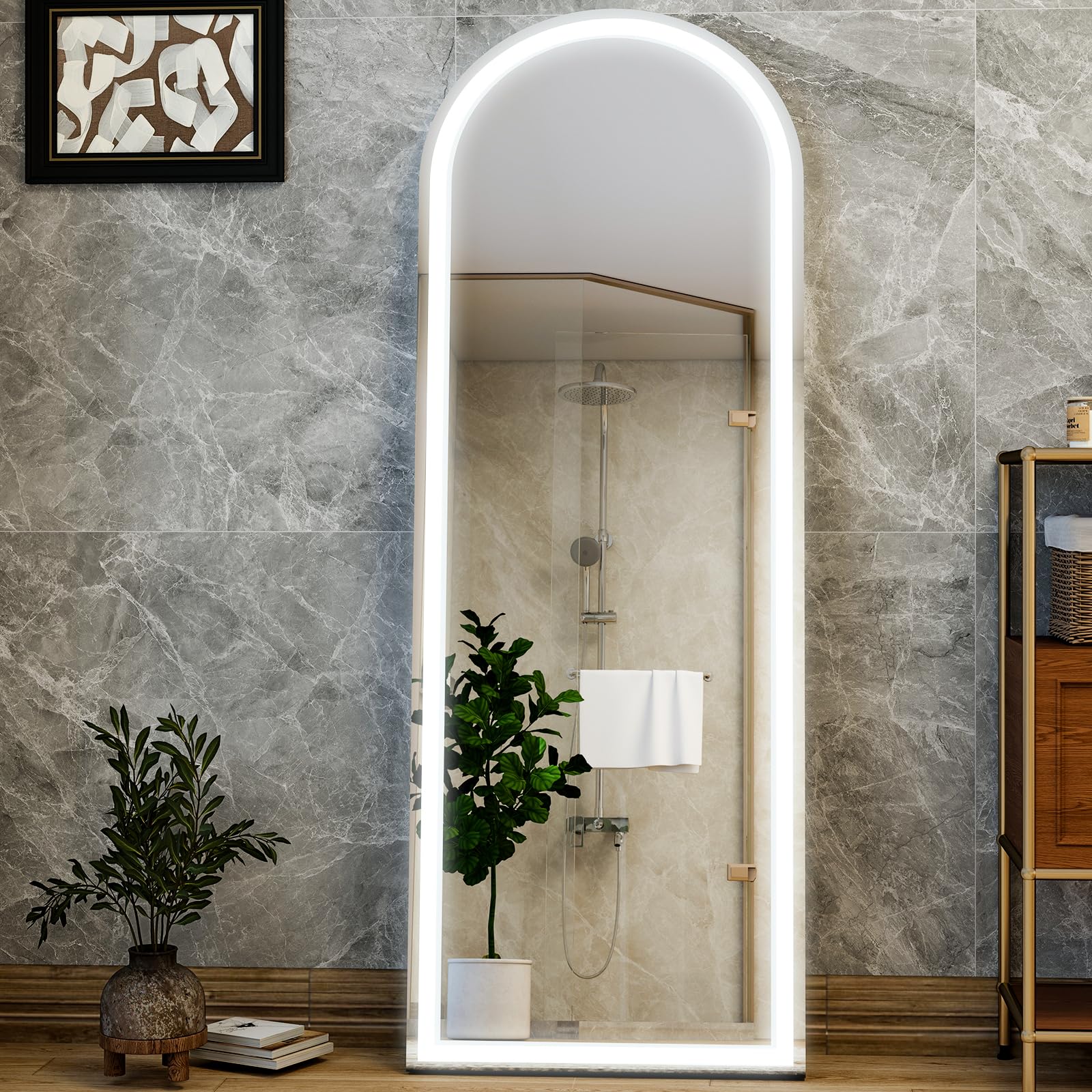 GLSLAND 20x56 Arched LED Full Length Mirror with Lights - Wall Mounted or Standing Full Body Mirror for Bedroom/Cloakroom - Dimm