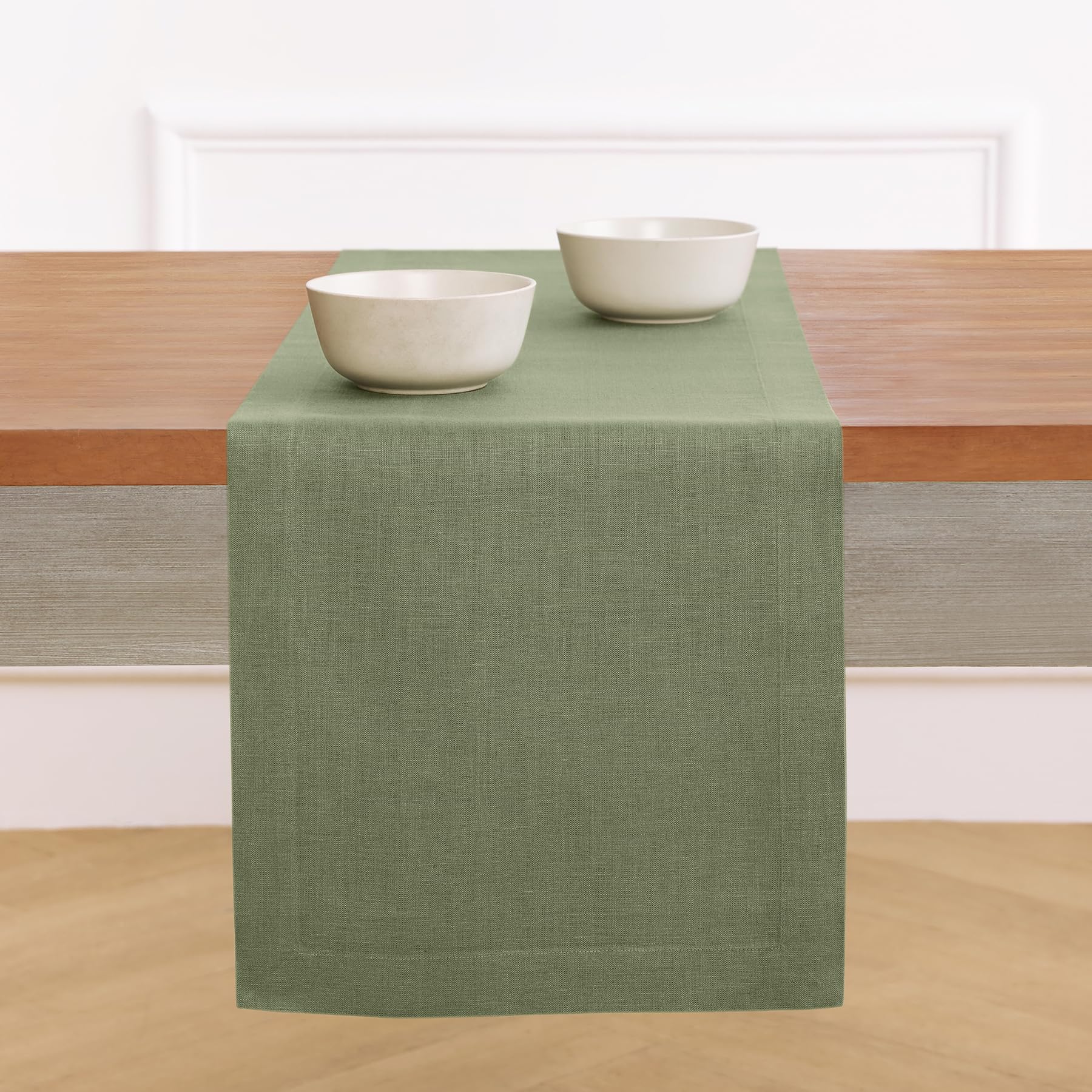 Solino Home Linen Table Runner 60 Inches - 100% Pure Linen Oil Green Table Runner 14 x 60 Inch Ideal for Dresser and Coffee Tabl