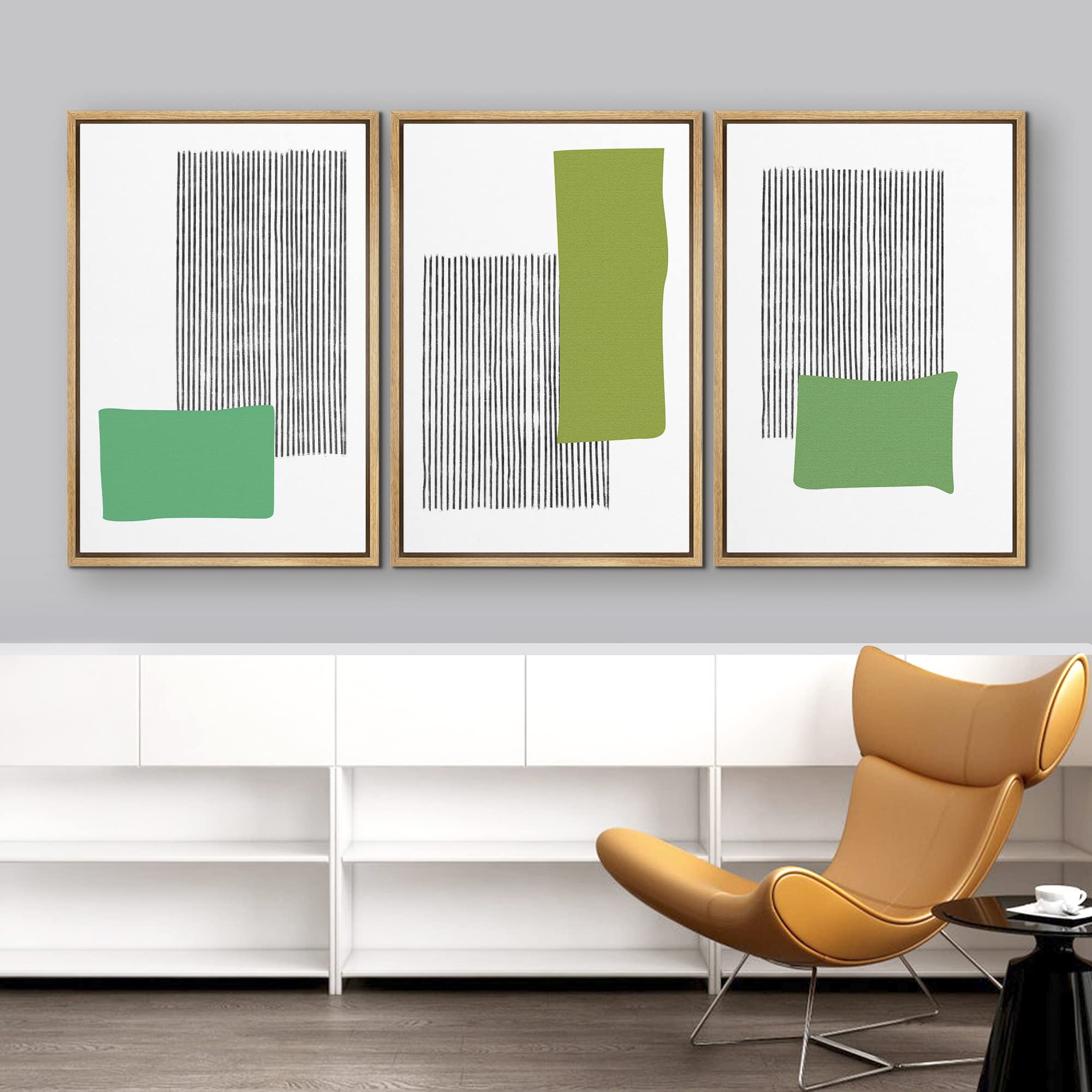 Idea4Wall Framed Wall Art Print Set Green Color Blocks With Black Lines Geometric Shapes Illustrations Modern Art Minimalist Sce
