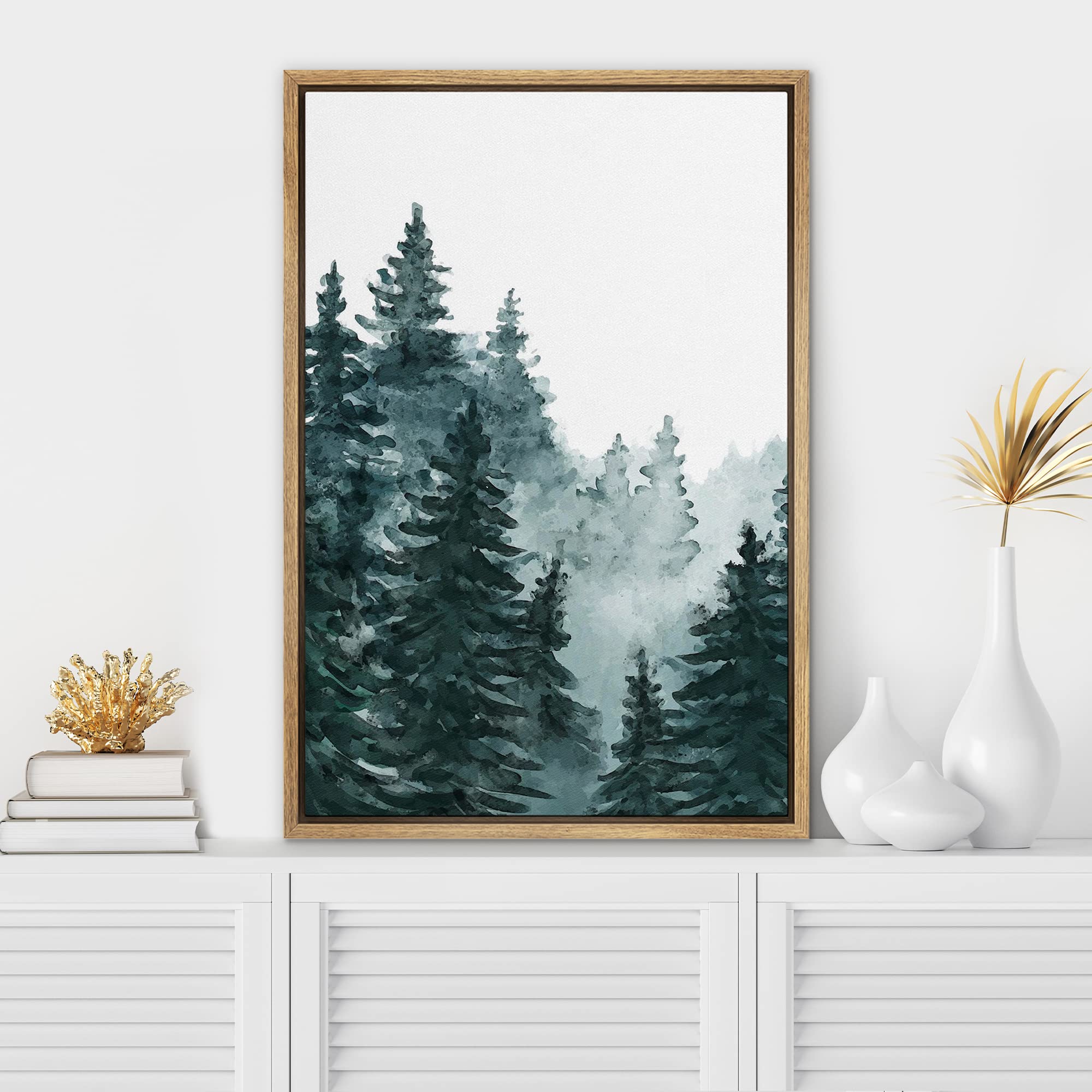 Signwin Framed Canvas Print Wall Art Woodland Nursery Decor Watercolor Pastel Pine Tree Forest Fog Nature Modern Art Decorative
