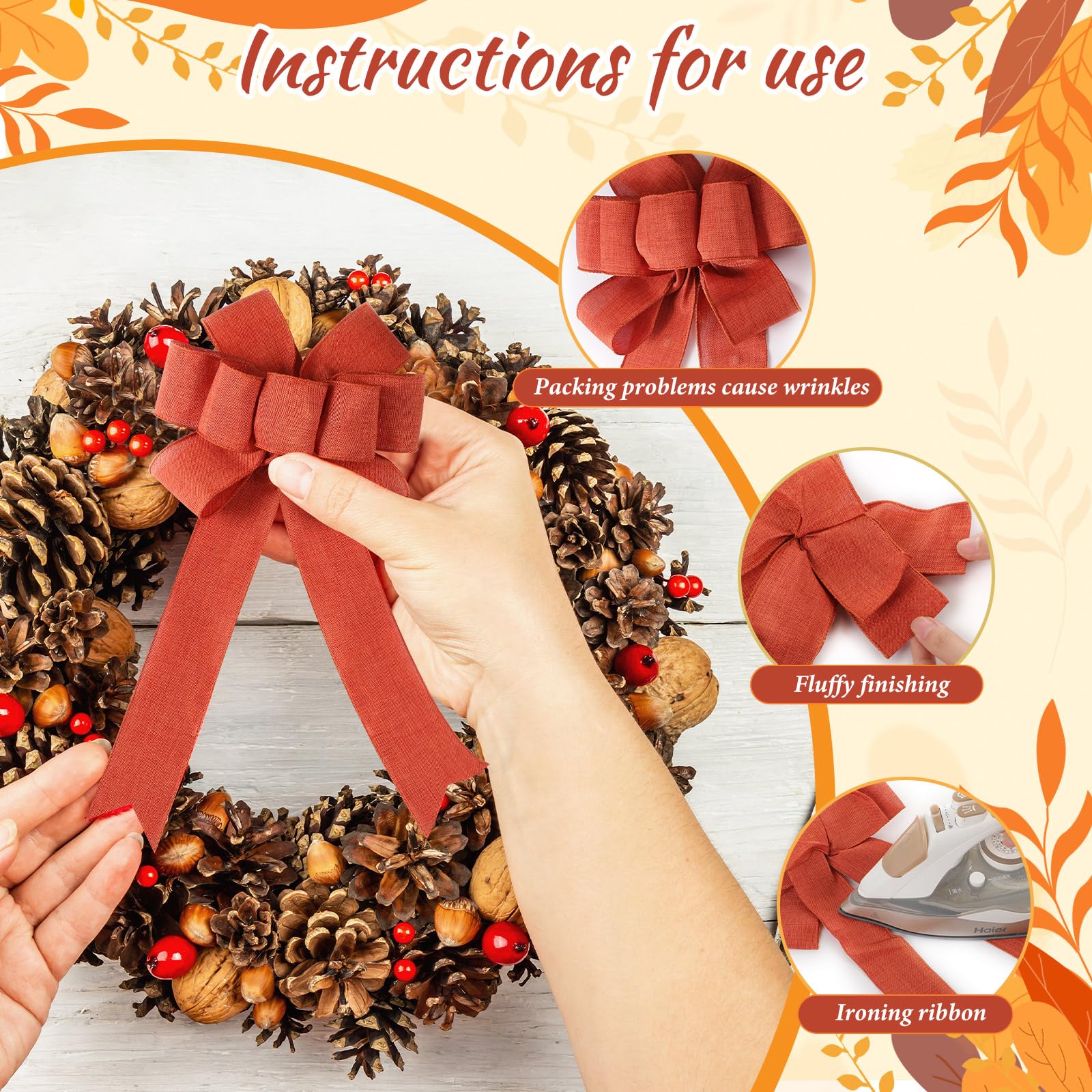 Yinkin 2 Pack 8 Fall Wreath Bow Burnt Orange Rustic Thanksgiving Burlap Bow Large Autumn Tree Topper Bow 14 Long Tails, Holiday