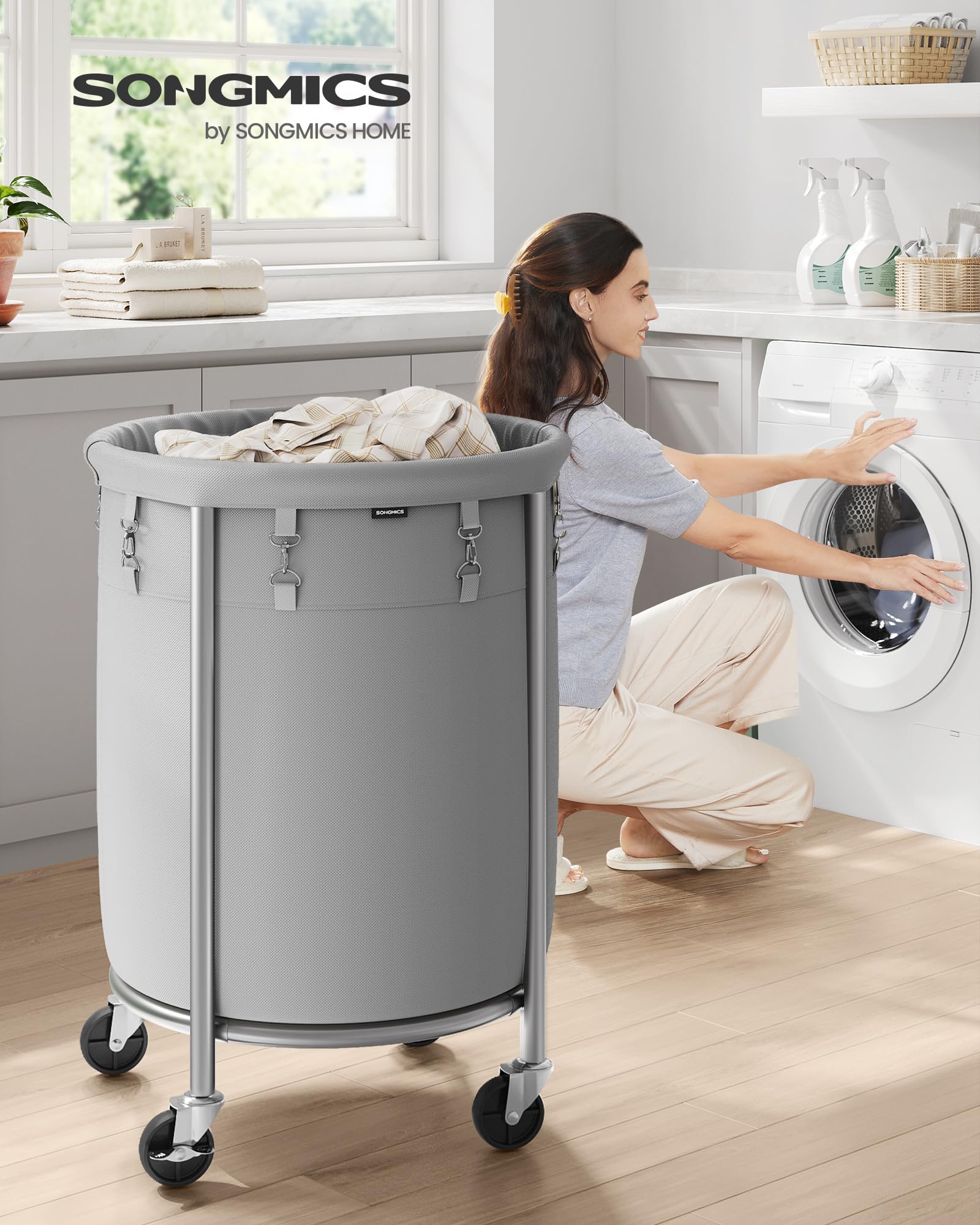 Songmics Laundry Basket With Wheels, Rolling Laundry Hamper, 29 Gal., Round Laundry Cart With Steel Frame And Removable Bag, 4 C