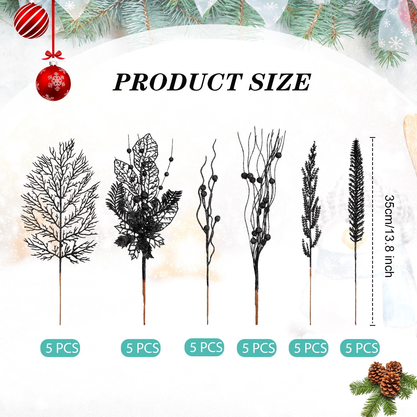 Moucuny 30 Pcs Artificial Christmas Tree Picks and Sprays Glitter Berry Stem Branches Holly Floral Picks Twigs Christmas Tree Or
