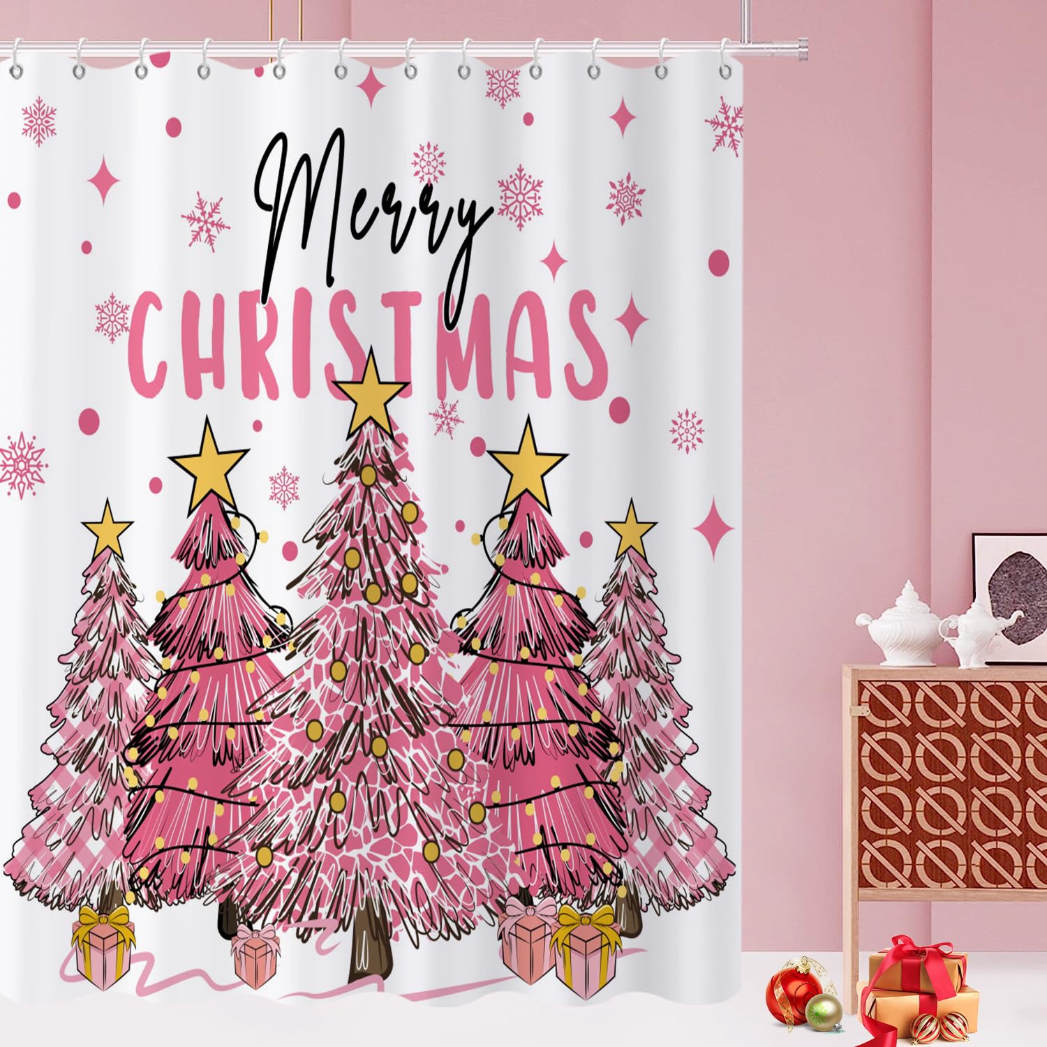 Caheansi Merry Christmas Shower Curtain, Pink Buffalo Check Plaid Xmas Tree Winter New Year Holiday Bathroom Curtain Waterproof
