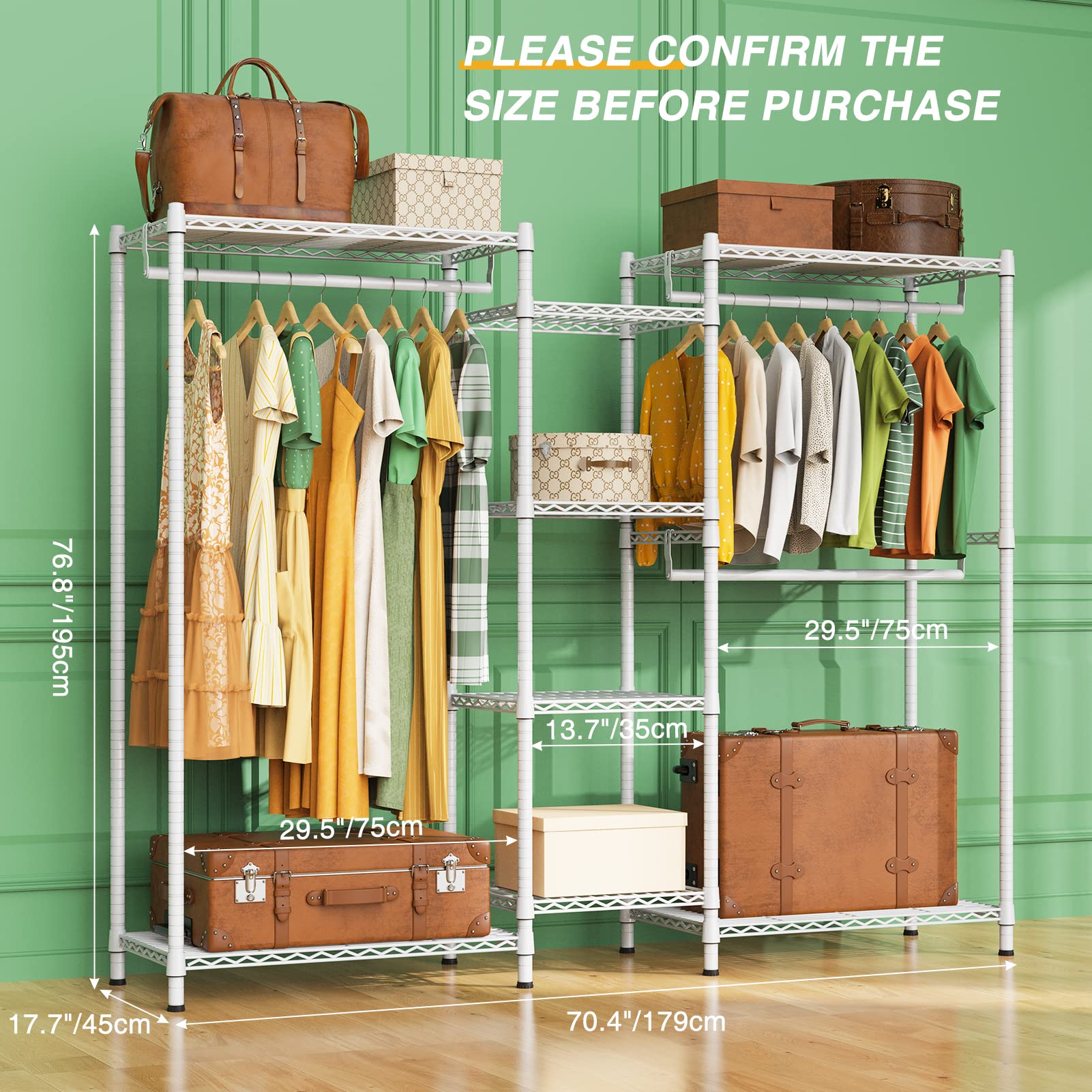 LEHOM G6 Wire Garment Rack Heavy Duty Clothes Rack Compact Large Size Armoire Storage Rack Freestanding Metal Clothing Rack Closet Wardrobe with 3 Hanger Rod and 4 Large Shelves 4 Small Shelves  White