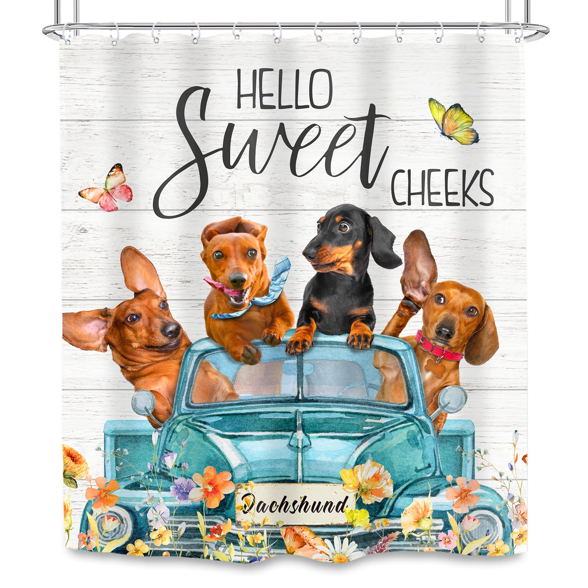 Svbright Funny Dog Shower Curtain 60Wx72L Inch Kids Farmhouse Spring Floral Cute Animal Puppy Rustic Flower Blue Truck Wooden Pl