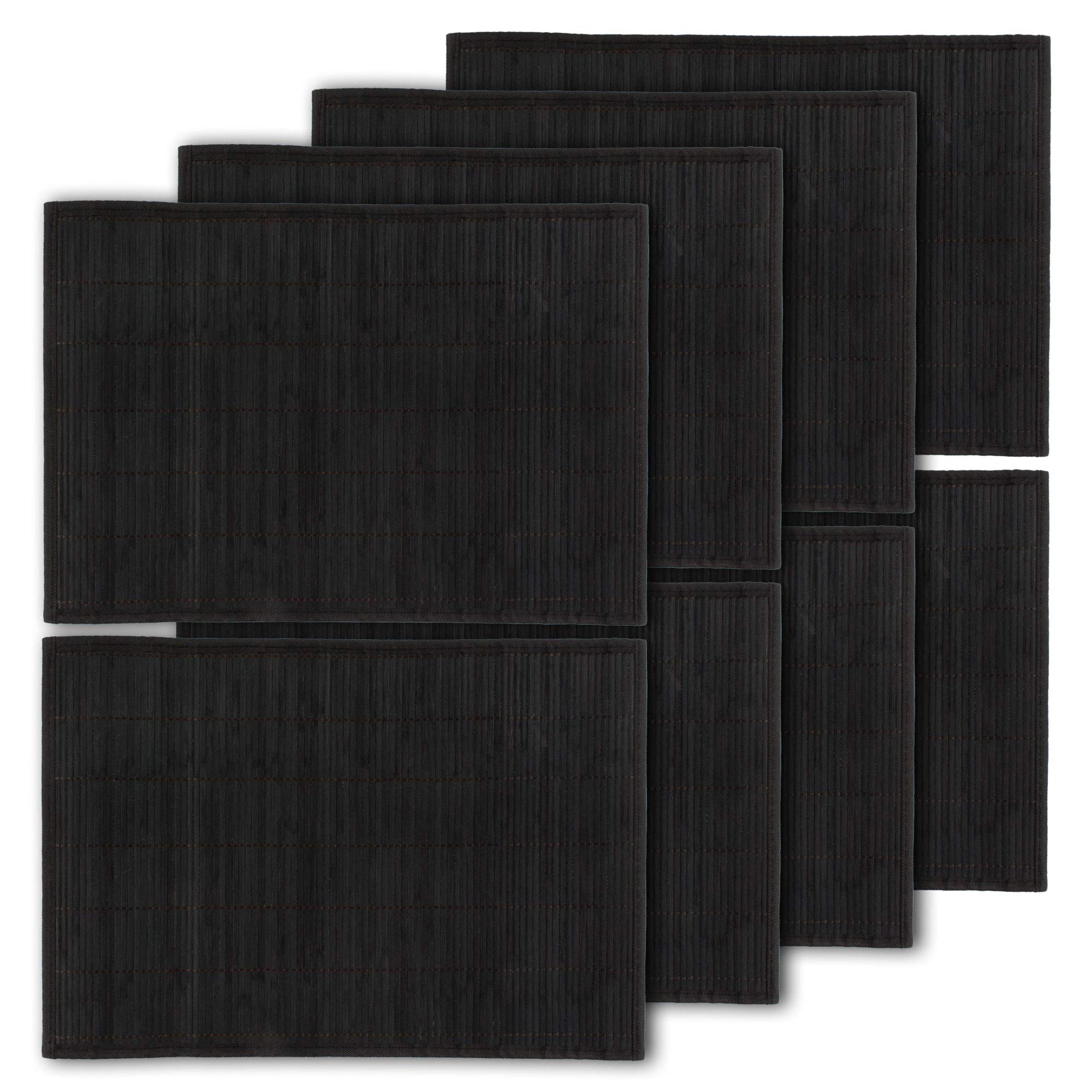 Bamboomn Bamboo Slats Placemat With Fabric Border - Solid Color Print - 18'' X 13'' - Black, 8 Pcs