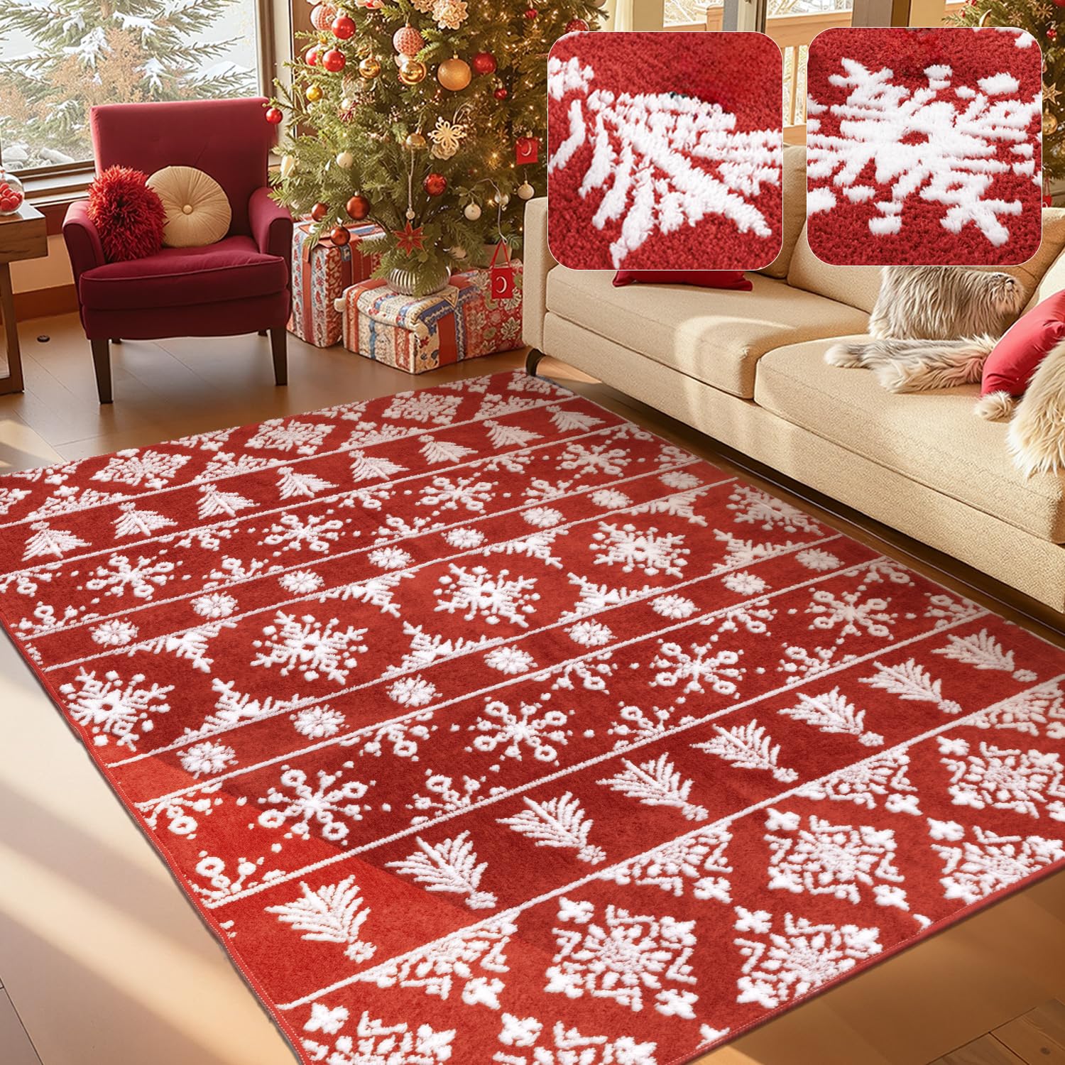 Findosom Christmas Area Rug 5x7, Fuzzy Soft Faux Wool Carpet with Snowflake & Tree, High-Low Pile Non-Slip Xmas Washable Rug for