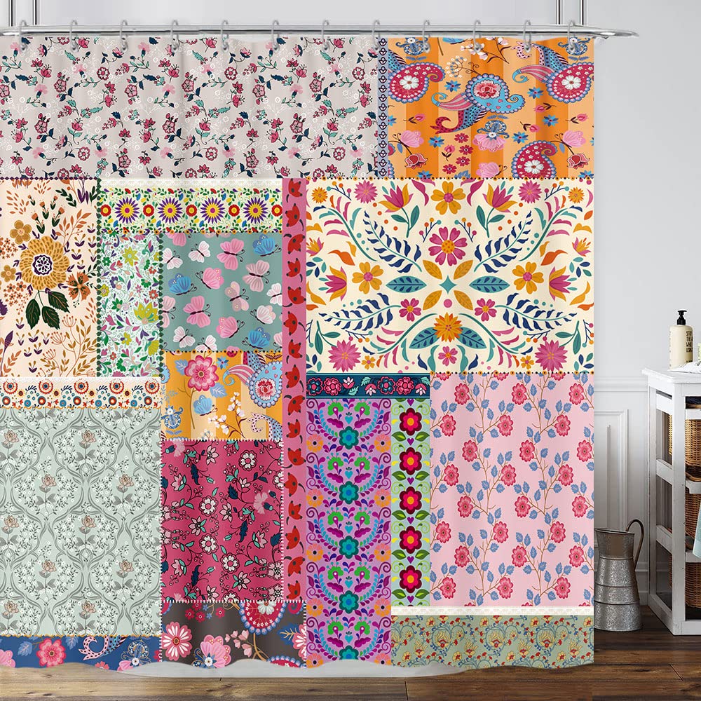 Boho Patchwork Shower Curtain, Vintage Bohemian Paisley Stitching Floral Shower Curtain Art With Hooks, Retro Farmhouse Cottage