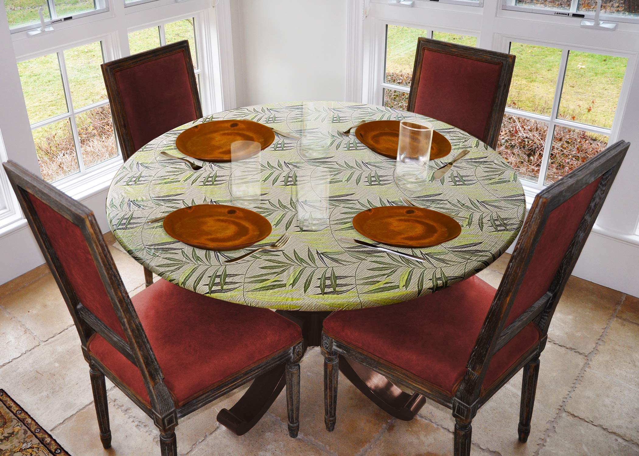 Covers For The Home Deluxe Elastic Edged Flannel Backed Vinyl Fitted Table Cover - Fern Pattern - Large Round Oblong Oval - Fits