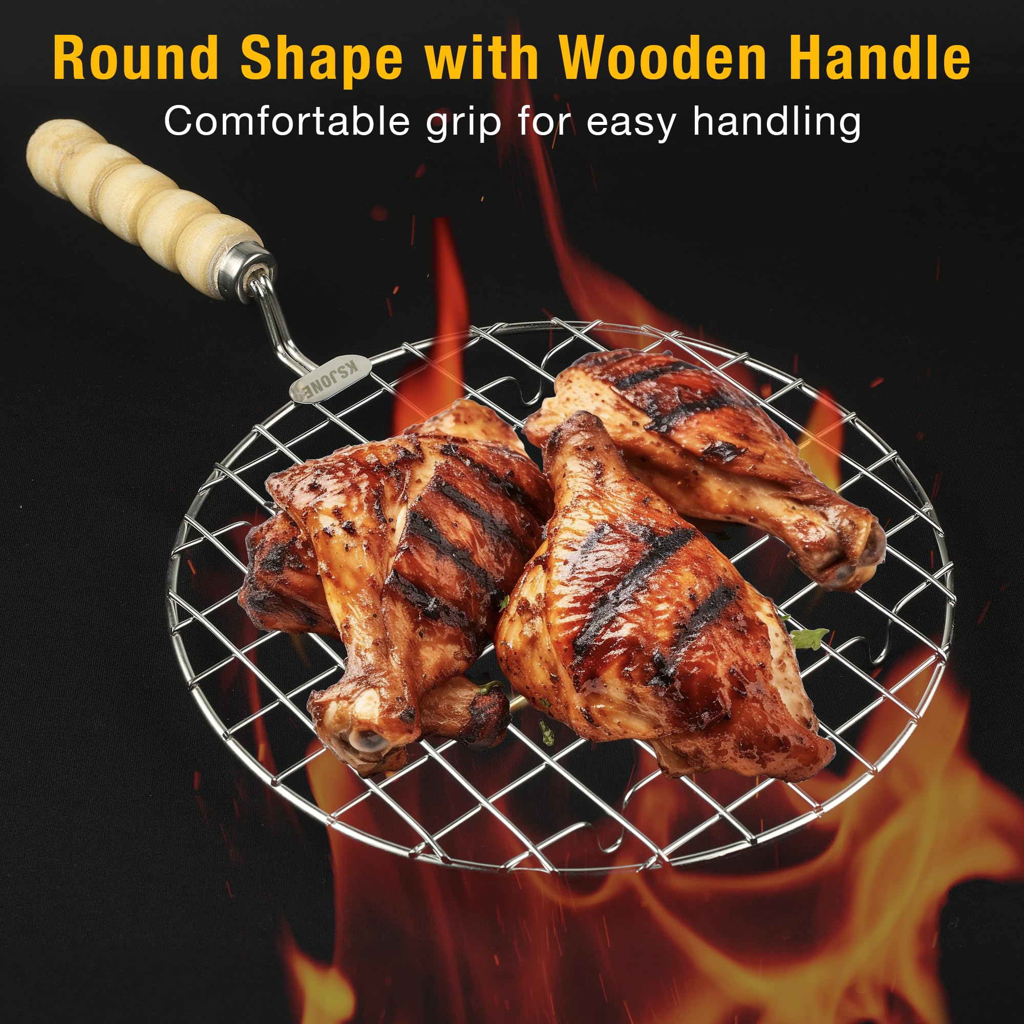 KSJONE Stainless Steel Multi-Functional Wire Steaming Cooling and Baking Barbecue Rack Round Wire Roaster Rack/Papad Jali/Roti Grill Round Shape with Wooden Handle