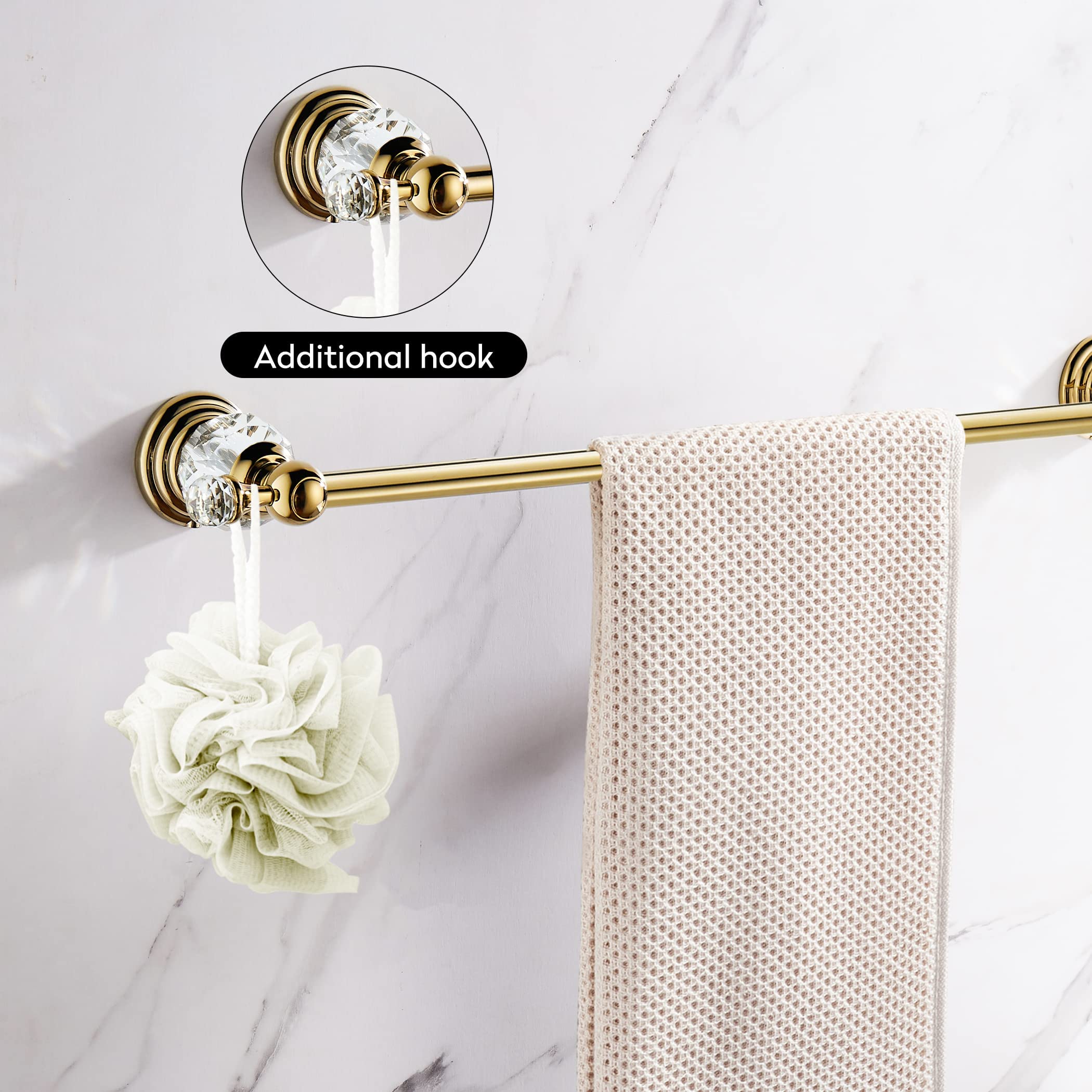 Wincase Gold Towel Bar, Adjustable Crystal Towel Holder, Golden Finished Bathroom Single Towel Racks Rail Wall Mounted