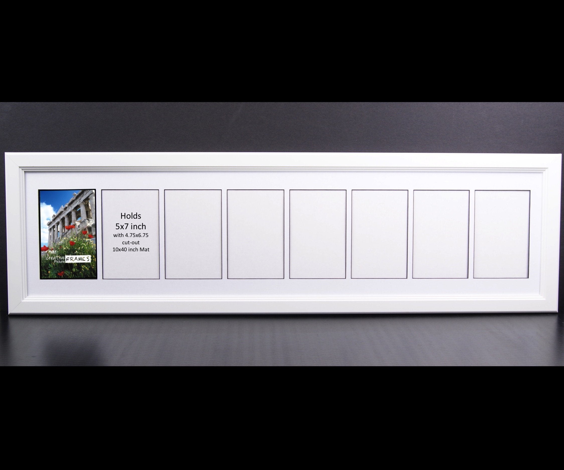 CreativePF 8 Opening Glass Face White Picture Frame to hold 5 by 7 inch Photographs including 10x40-inch White Mat Collage