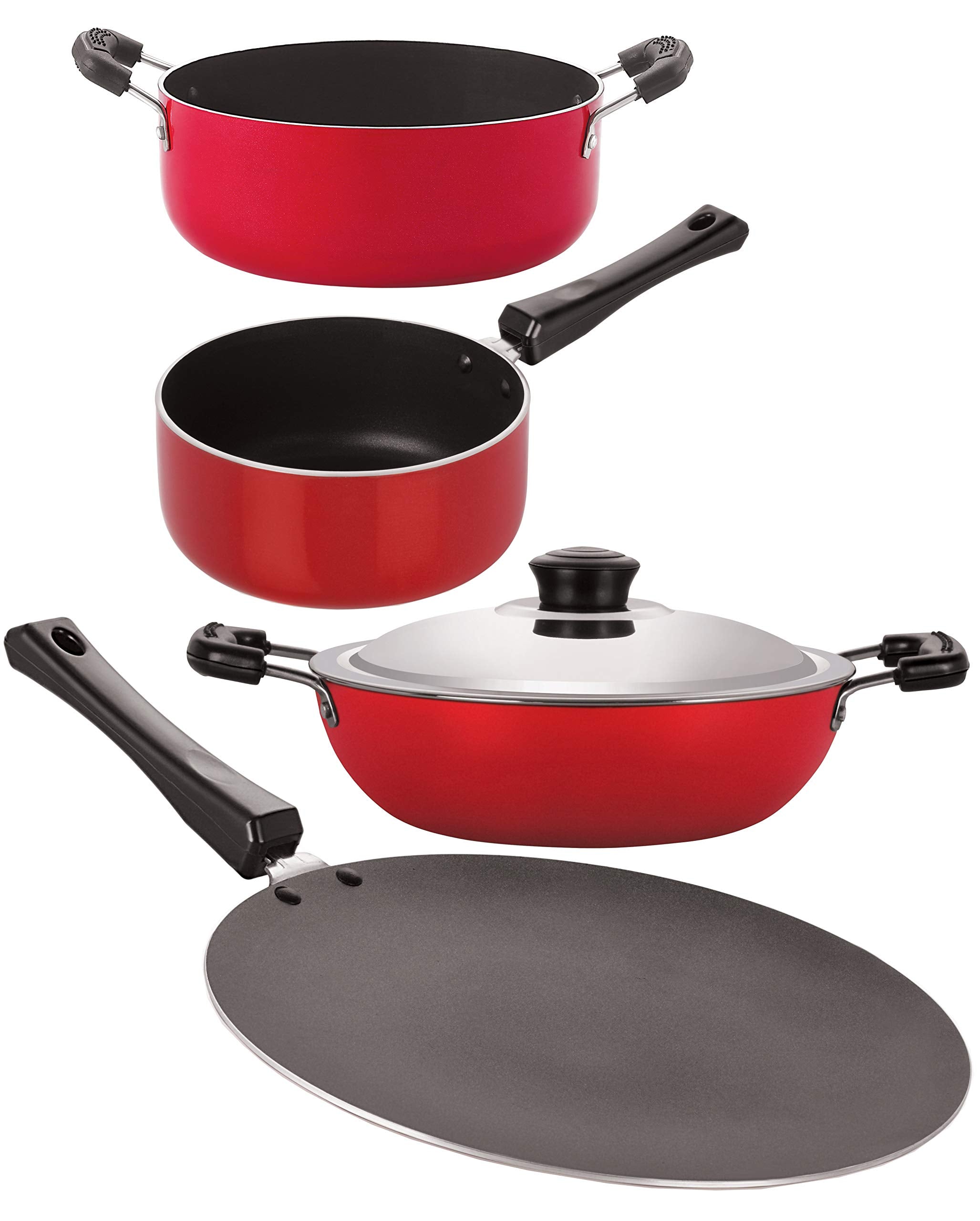 Nirlon NonStick Aluminum Cookware Set, 4Piece, Red And Black (2.6Mm_Ct_Dkdb_Spm_Cass20)