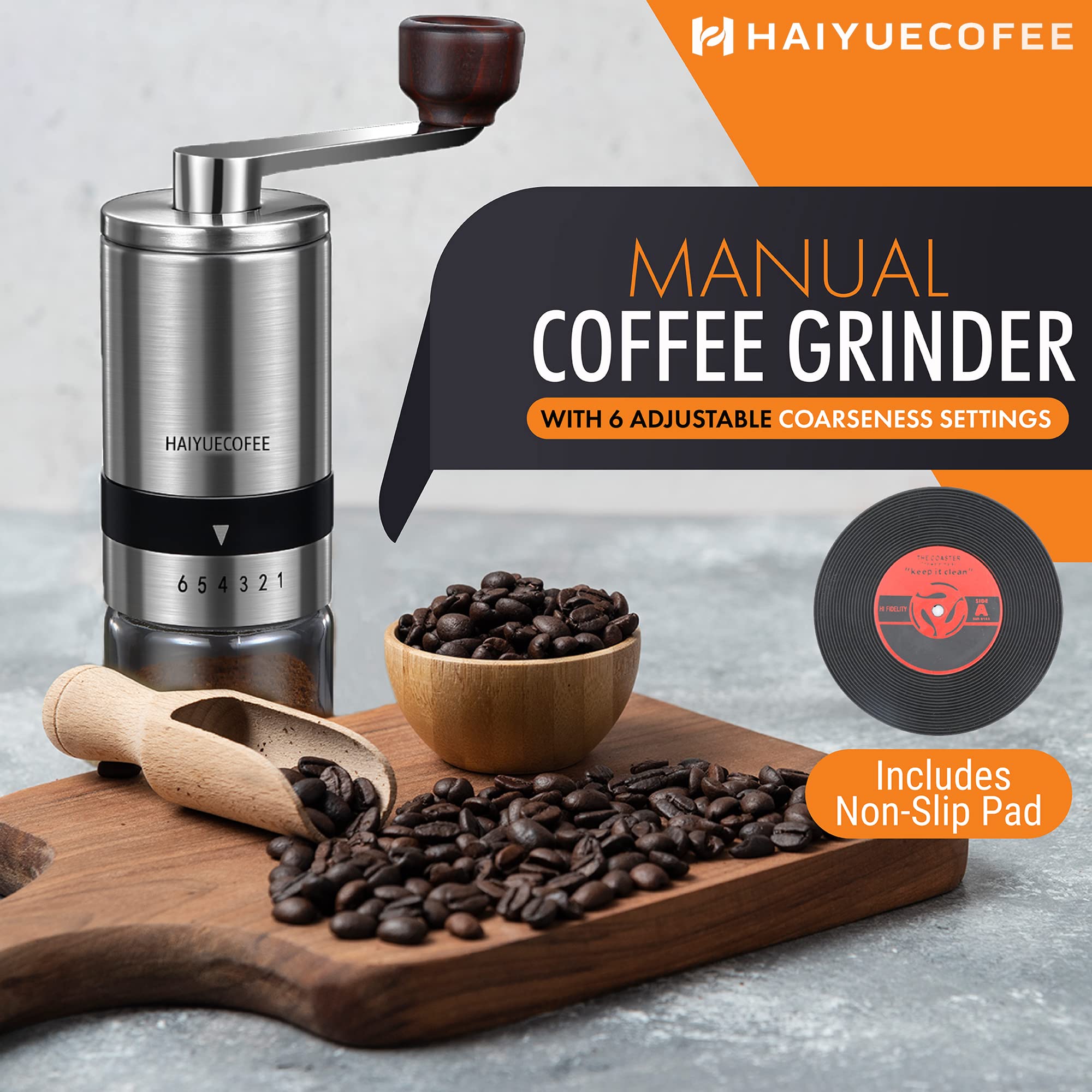 Haiyuecofee Manual Coffee Grinder With 6 Adjustable Coarseness Settings, Hand Crank Coffee Mill With Ceramic Burr For Espresso B