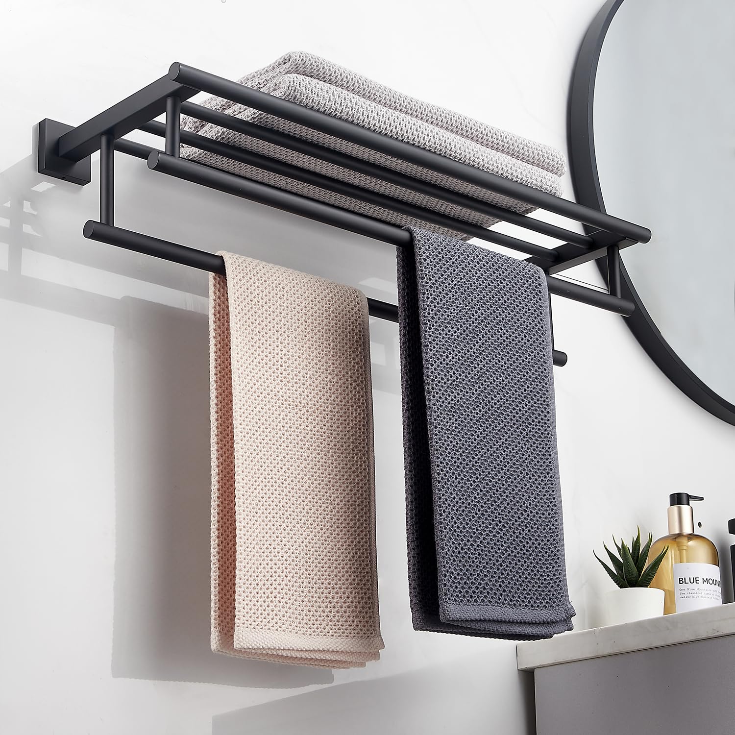 Rtcul Towel Rack For Bathroom 24 Inch Wall Mounted Towel Rack Matte Black Towel Shelf With Double Towel Bar Sus304 Stainless Ste