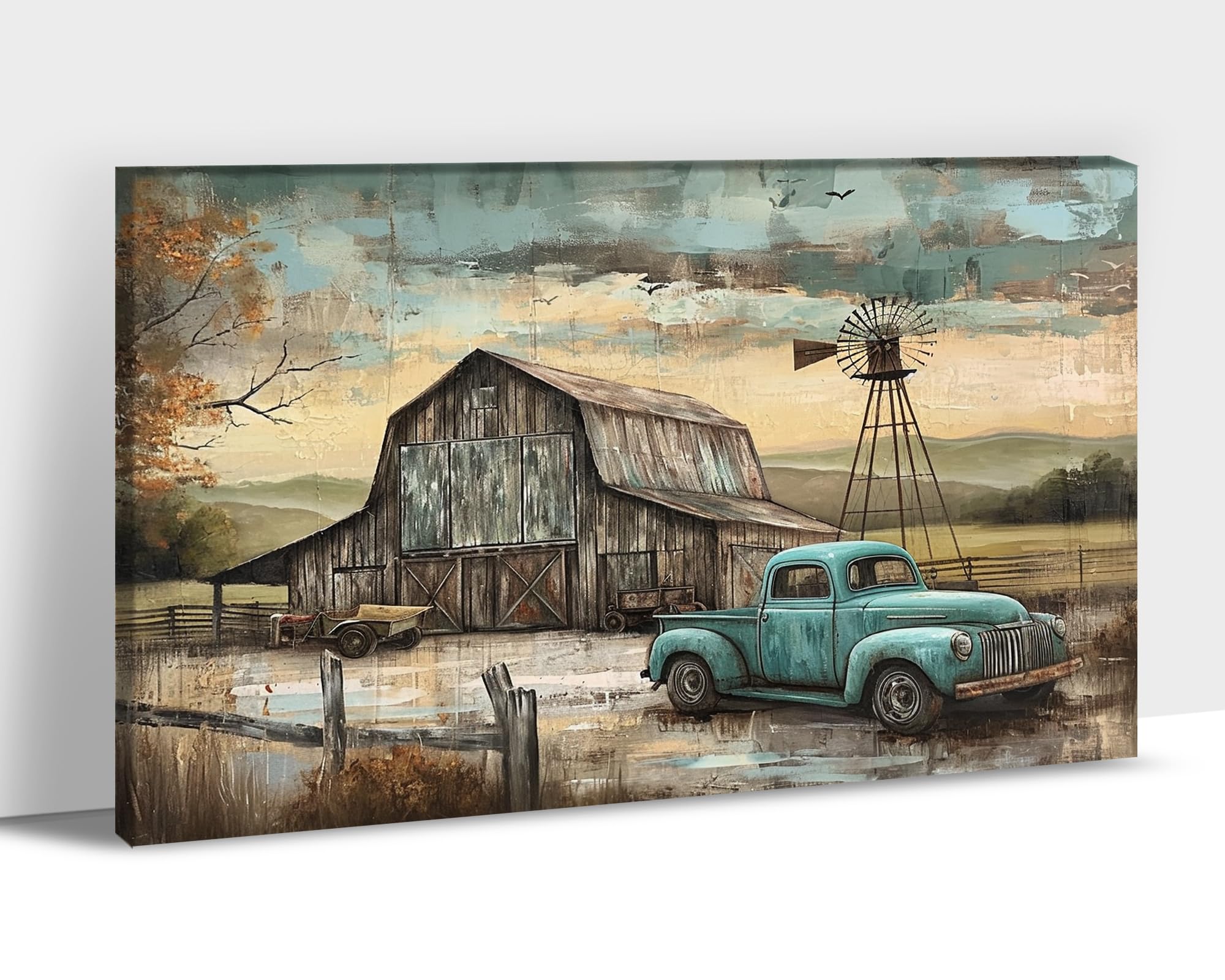 Farmhouse Truck Wall Art, Farmhouse Canvas Wall Art, Farm Picture Wall Art, Country Antique Pickup Truck Canvas Prints, Green Te