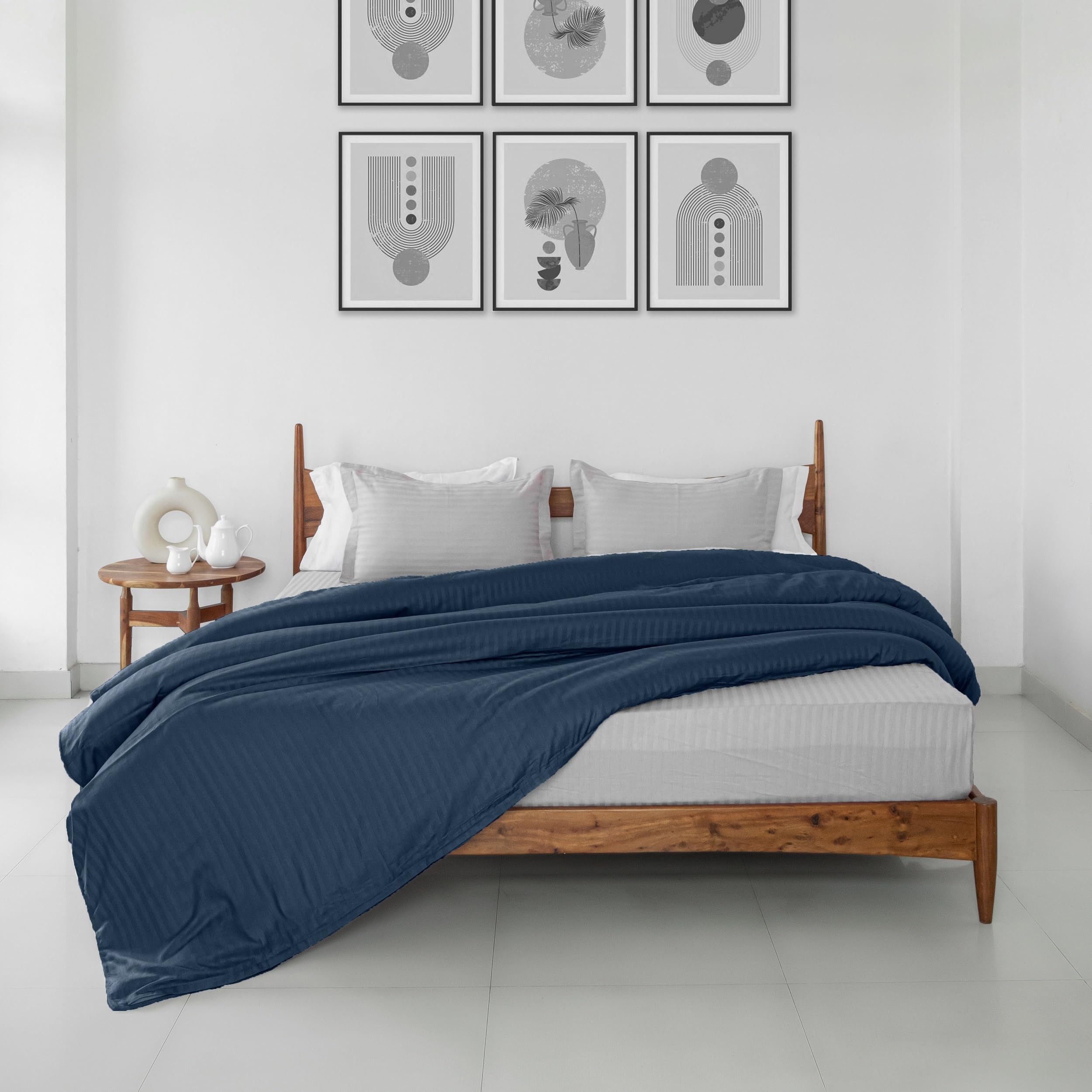 Homemonde Satin Stripes Double Duvet Cover 86 X 96 Inch  Soft Cotton Comforter And Quilt Cover, Dark Blue  (Closure  Tie)