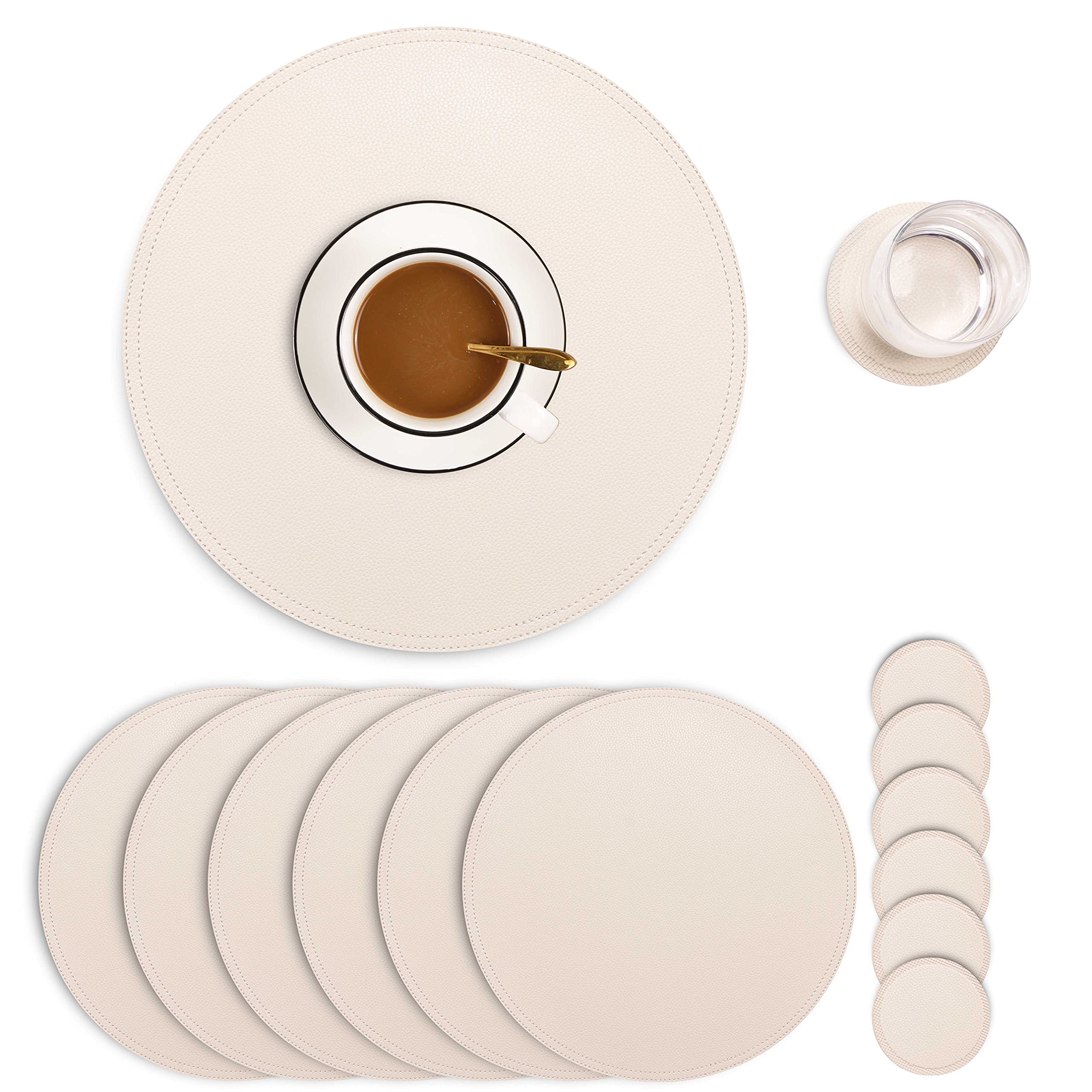 Set Of 6 Faux Leather Round Placemats And Coasters, Coffee Mats Kitchen Table Mats, Waterproof, Easy To Clean For Kitchen Dining