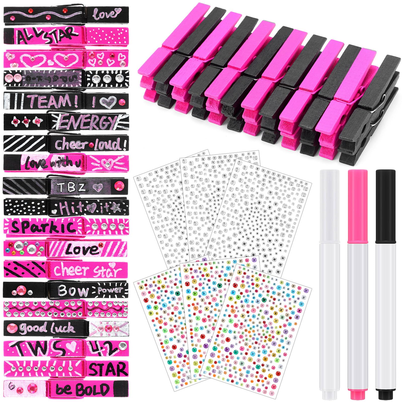 Weysat 60 Set DIY Cheer Pins Spirit Clips for Backpack Include 60 Wooden Cheer Clothes Pins 6 Self Adhesive Rhinestone Stickers 