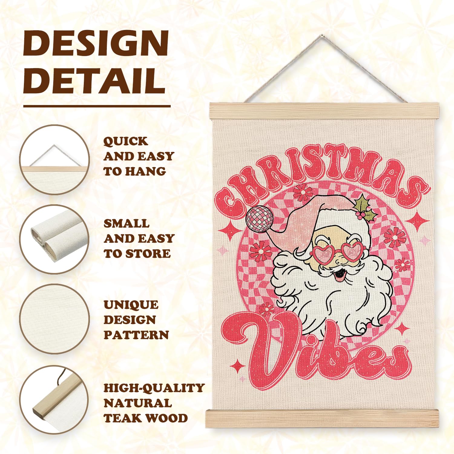Pink Christmas Wall Decor, Funky Retro Christmas Santa Claus Pink Checkered Wall Art With Wooden Poster Hanger, Christmas Wall D