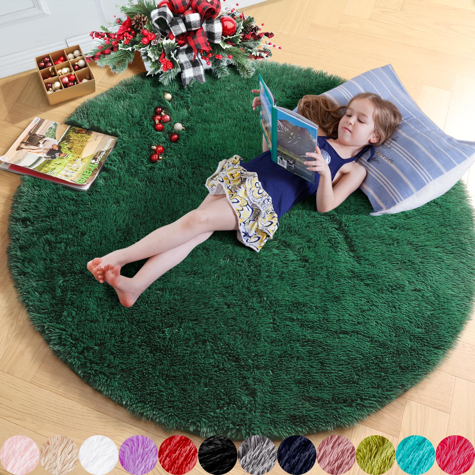 Amdrebio Deep Green Round Rug for Bedroom, Fluffy Furry Circle Rug 4x4 for Kids, Teens Room Decor, Shaggy Area Rug for Living R