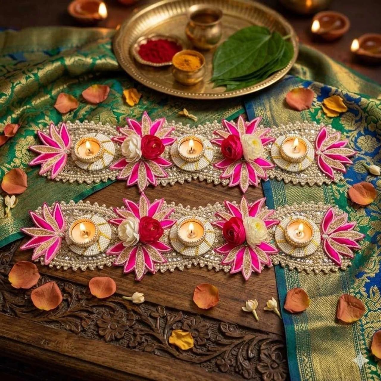 Koogly Decorative Lotus Table Runner, Pink And White, Floral Tealight Holder, Festive Diwali Decor, Set Of 2