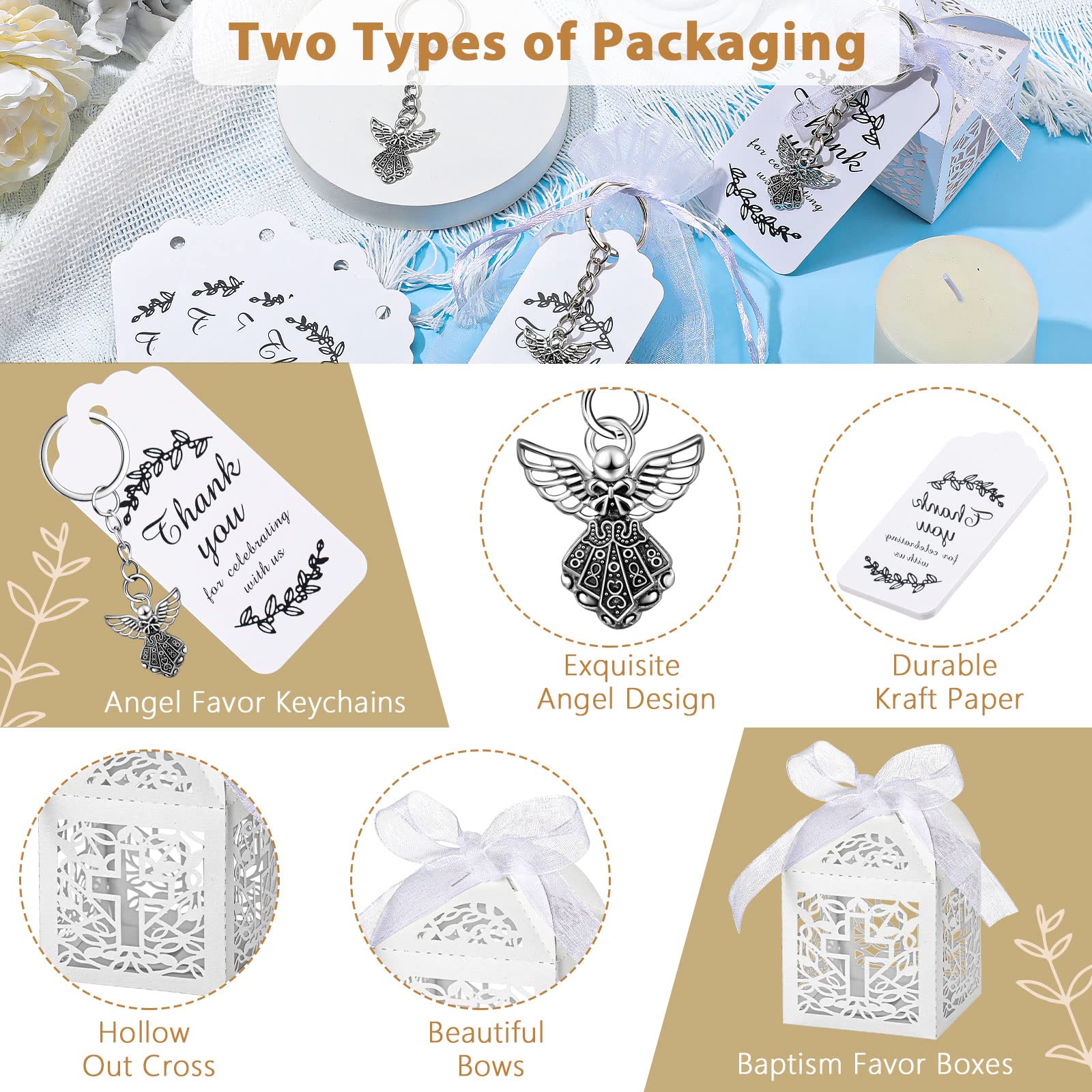 Bonuci 120 Pieces Baptism Party Favors Angel Keychain Pendant First Communion Party Boxes White Organza Bags With Drawstring Tha