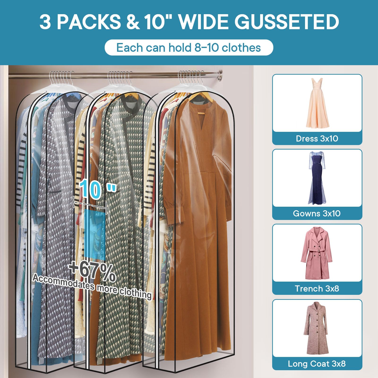 3 Pack - Moucas 10'' Gusseted All Clear Dress Bag, 60'' Garment Bags For Hanging Clothes, Dress Bags For Gowns Long, Dress Cover
