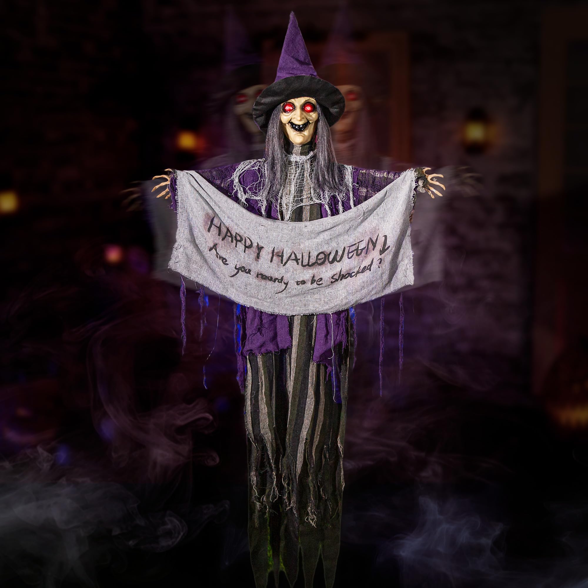 Halloween Animatronics 5ft Hanging Witch, 60inch Floating Animated Witch Decorations with Banner, Sound Activated, Creepy Voice,