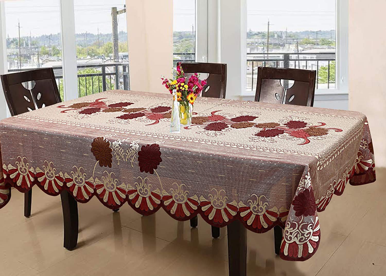 BANSIGOODS Fabric Net Floral Rectangular 8 Seater Dining Table Cover  (Red 60 X 90 Inches, Large)(Fabric)